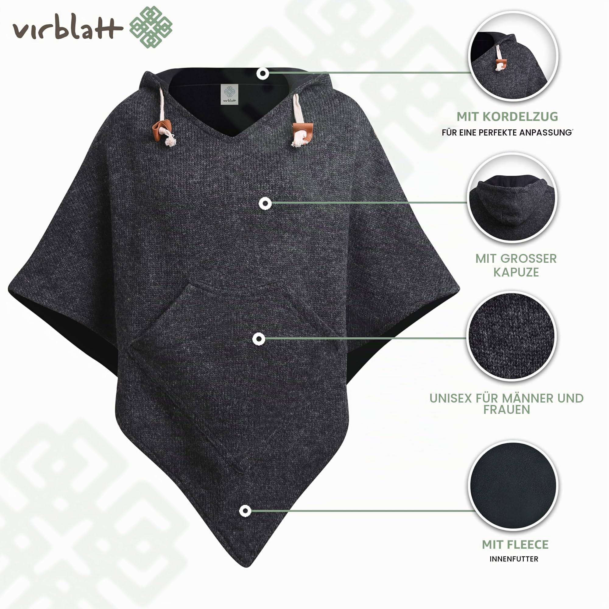 virblatt - Poncho Herren Wolle & Poncho Damen | Wolle &Polarfleece Herren Poncho Winter Fleece warm Hippie Hoodie Kapuze
