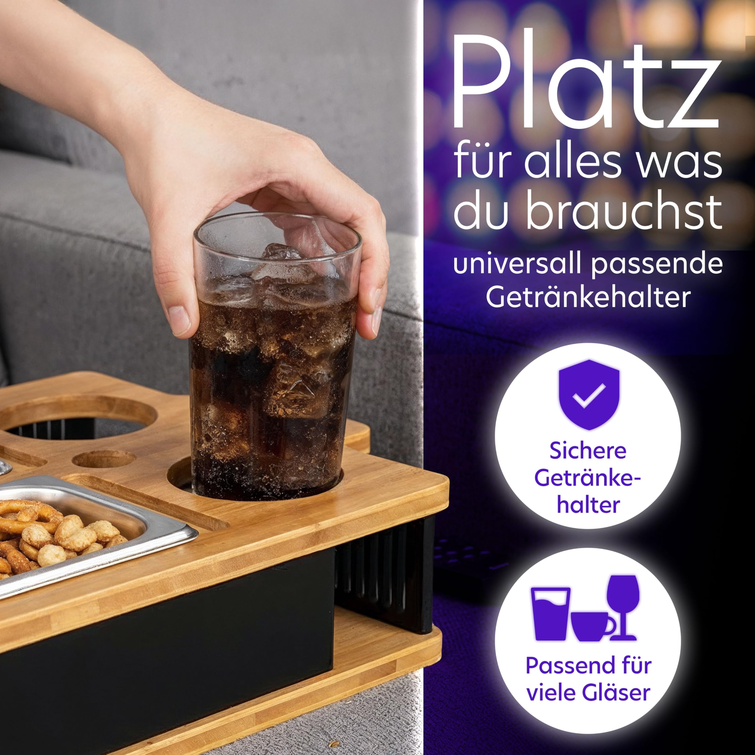AH® Couchbar Snackbox mit Leuchteffekt – Bambus Sofa Tablett mit 2 Edelstahl-Schalen, Handy- & Getränkehalter – Couch Organizer & Geschenk für Männer & Frauen