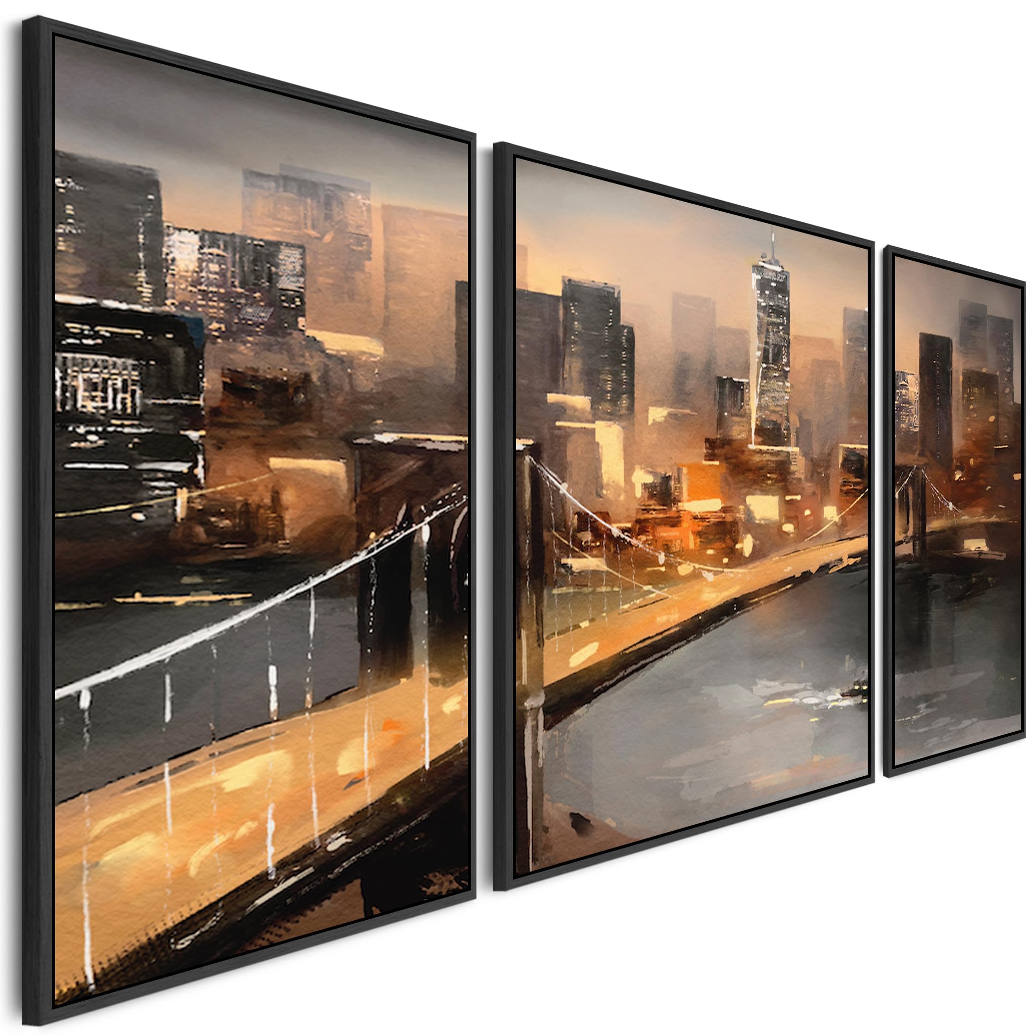 Wallfillers Extra Large Framed Wall Art Pictures for Living Room - NYC Set of 3 - New York City Skyline at Night - XXL 212cm Wide