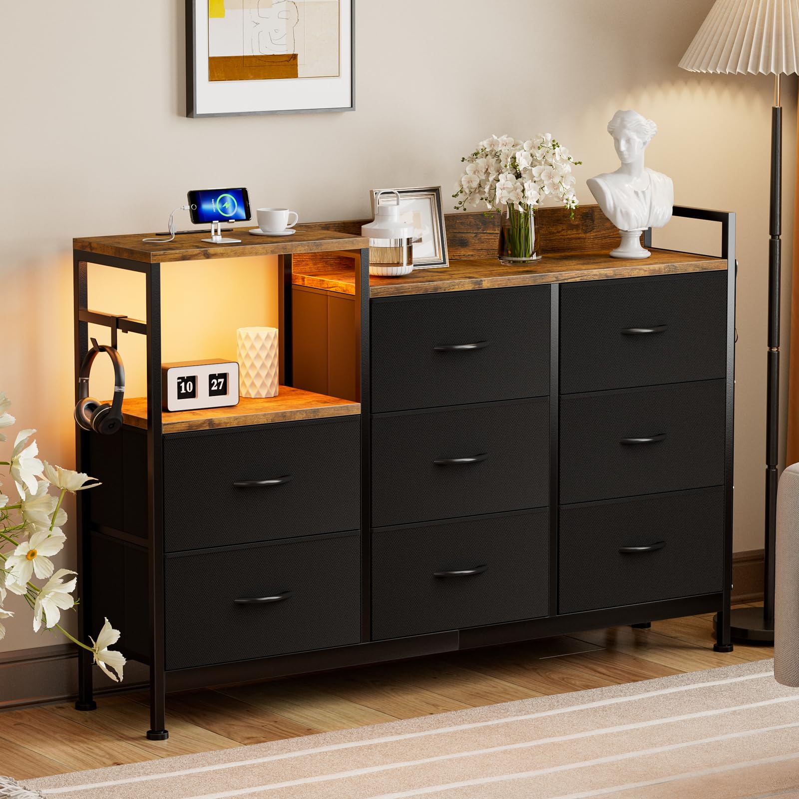 チェスト収納 タンス 棚付き 箪笥リビング収納チェスト LEDライト