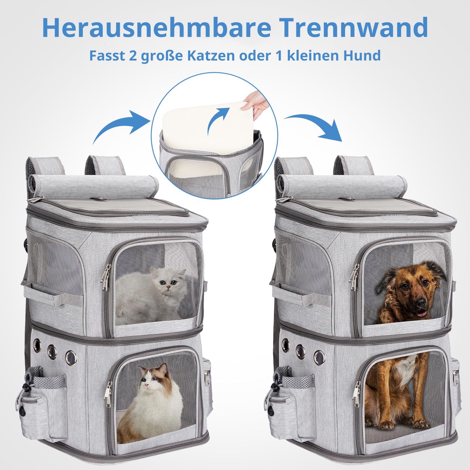Katzentransportbox für 2 Katzen, Katzenrucksack Große Katzen bis 12kg, perfekt für Reisen/Wandern/Camping, Grau, XL