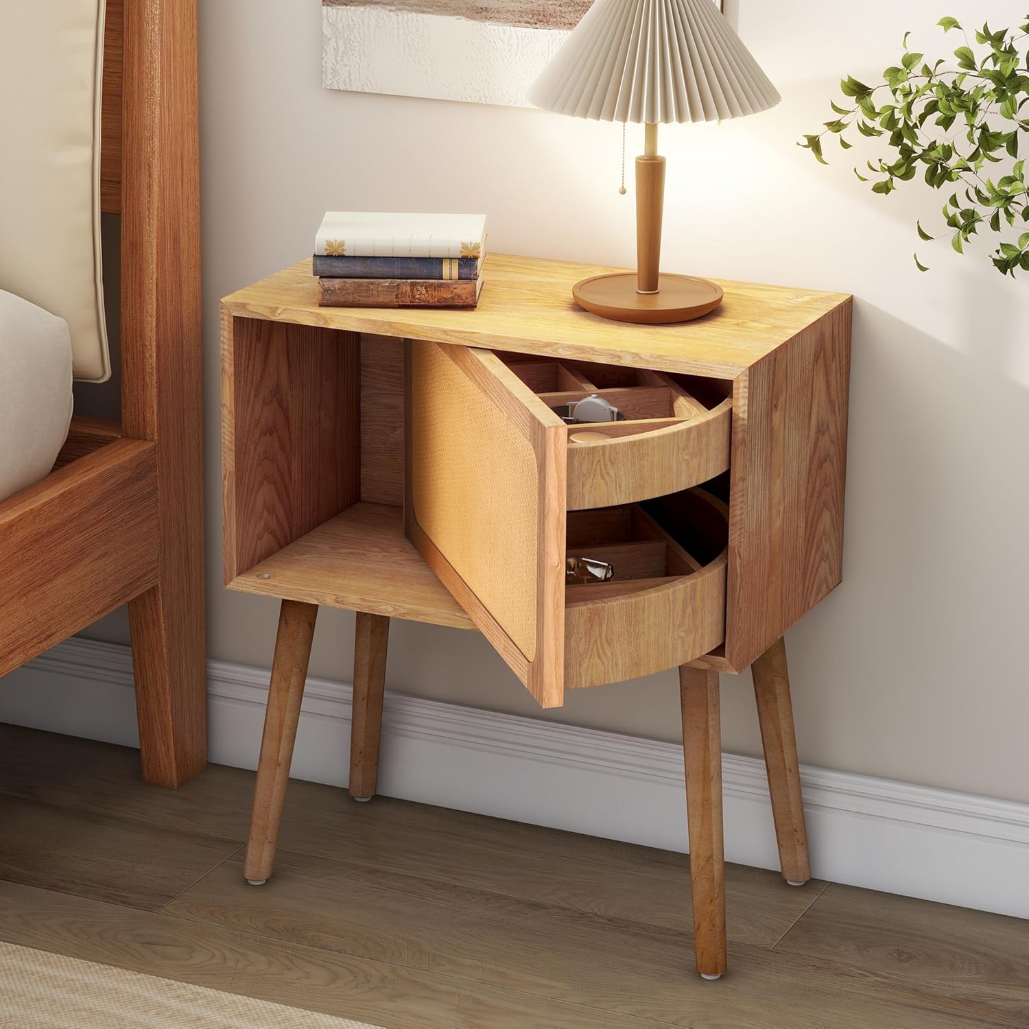 Merax Hidden Compartment Nightstands, Rattan Bed Side Table with Rotate Drawer, Compartment End Table with Wood Legs for Bedroom, Living Room, Dorm and Sofa