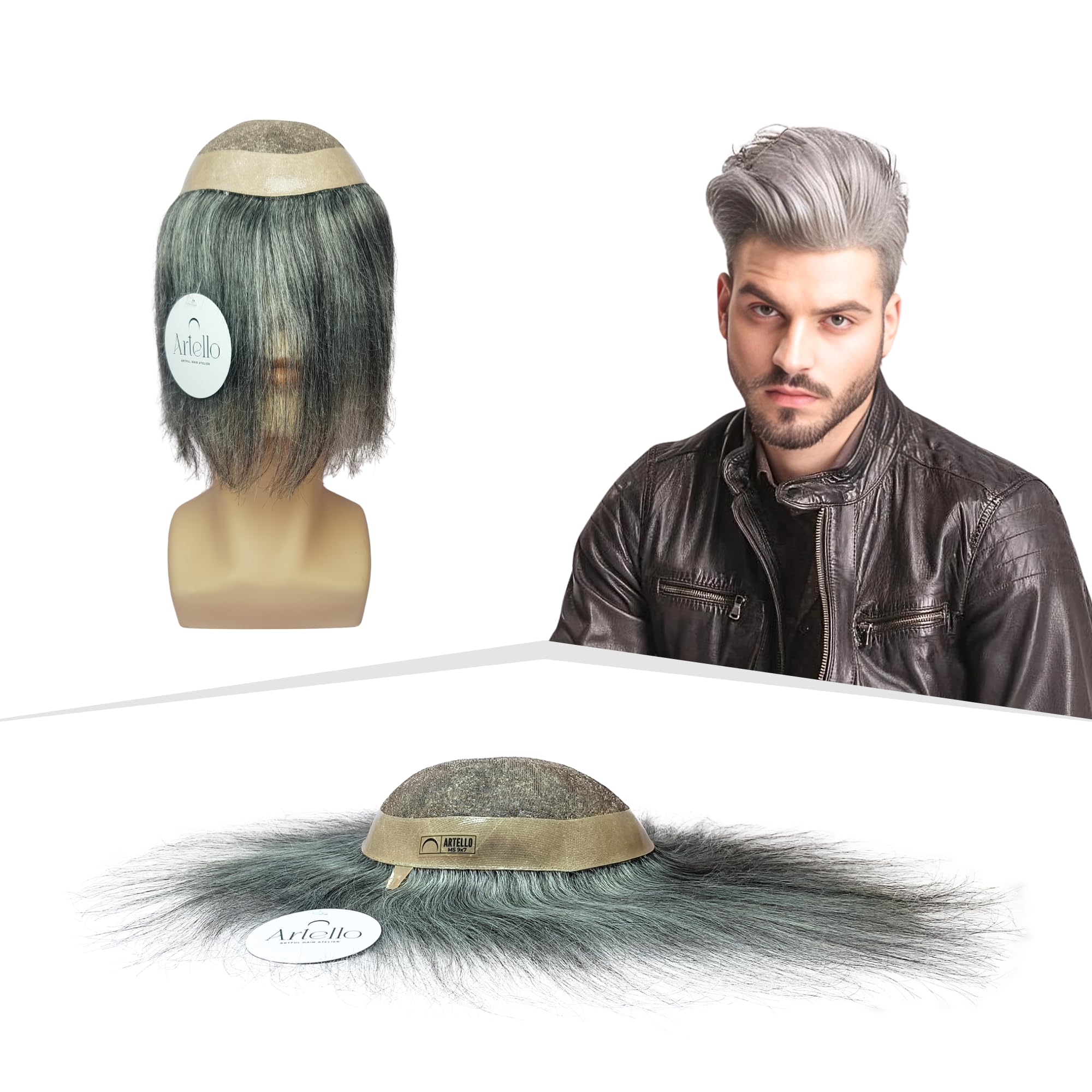 Artello® VINTAGE MONO Smart Hair Patch for Men, Subtle Hair Wig in Salt & Pepper Look, 100% Natural Human Hair, 3D Korean Base (Colour: 70% Gray : 30% Black) (8x6)-image-12