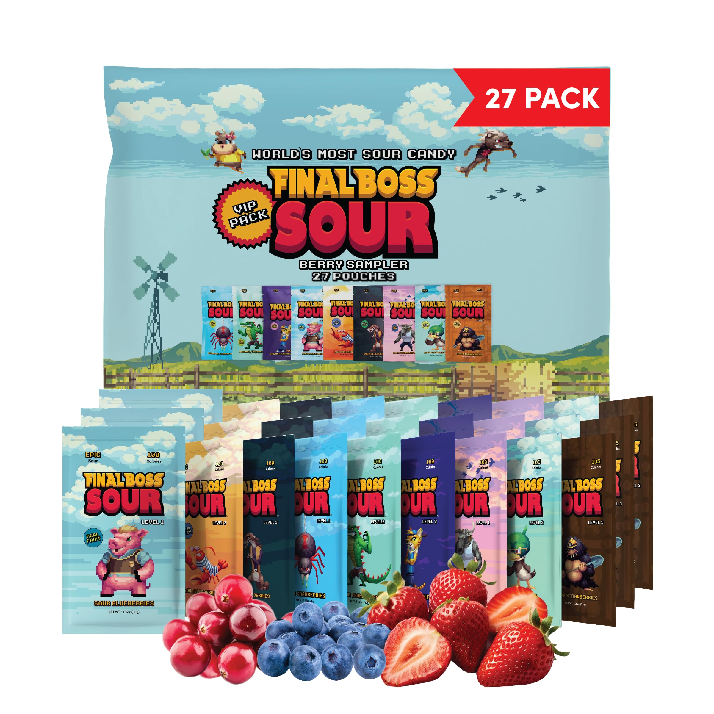 Final Boss Halloween Sour Candy Berry Variety, 27 Pack, All Sour Levels, Extreme Sour Fruit Chews with Real Dried Fruit, No Artificial Colors or Flavors, Low Calorie Snack for Kids, Teens & Adults