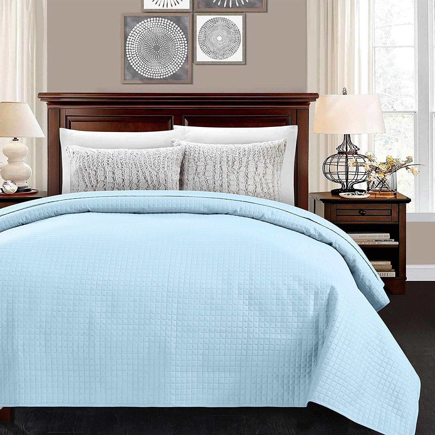 ALPHA HOME Quilted Bed Quilt King Size 102"*86" Polyester Lightweight Checked Bedspread Quilt Machine Washable One Piece Duvet Cover Reversible Cozy Coverlets for All Seasons,Light Blue