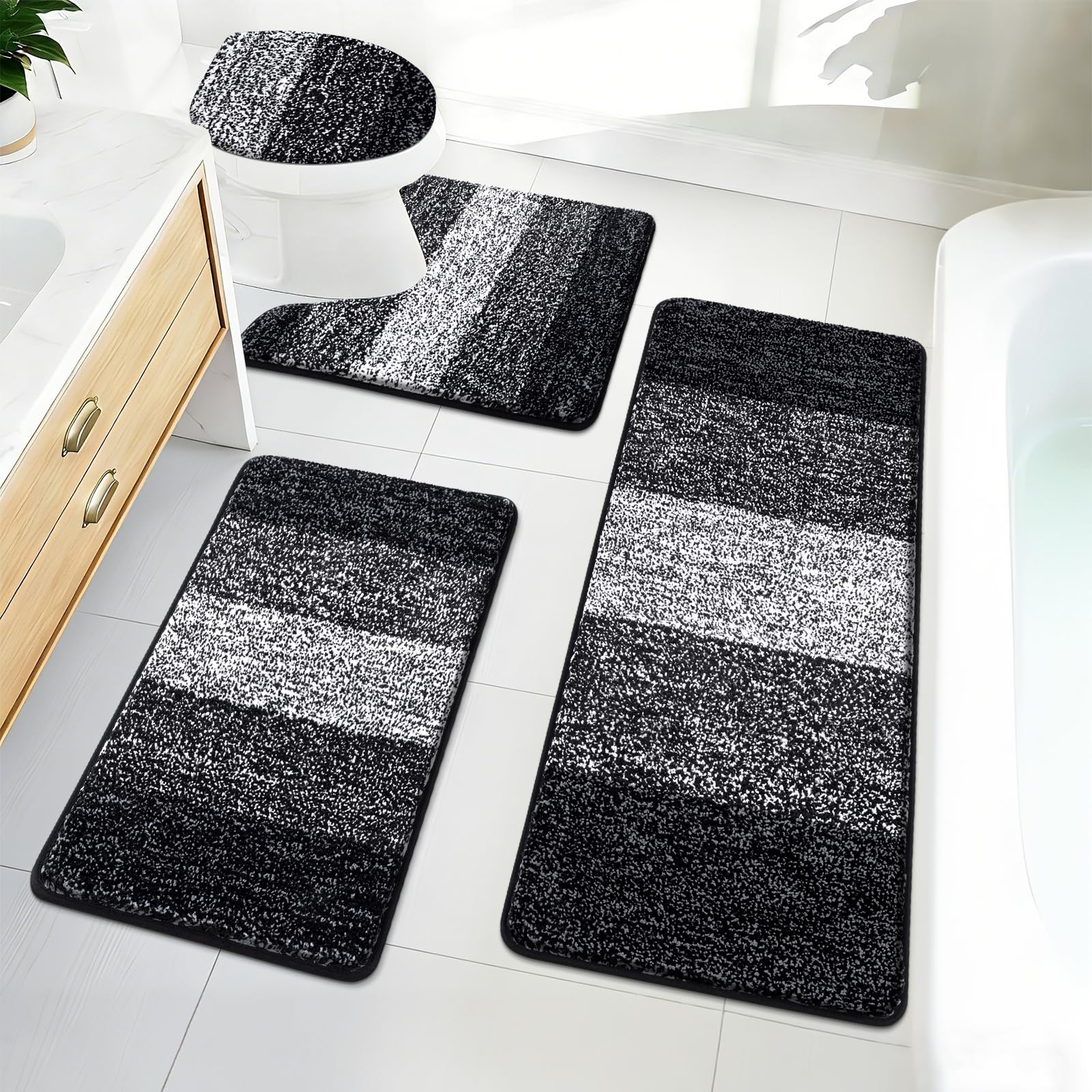 Bsmathom Badteppich-Set, 4-teilig, mit WC-Deckelbezug und Teppich-Set, rutschfeste Badematten für Badezimmer, weiche, zottelige, saugfähige Badezimmermatte mit U-förmigem WC-Vorleger für Badezimmer
