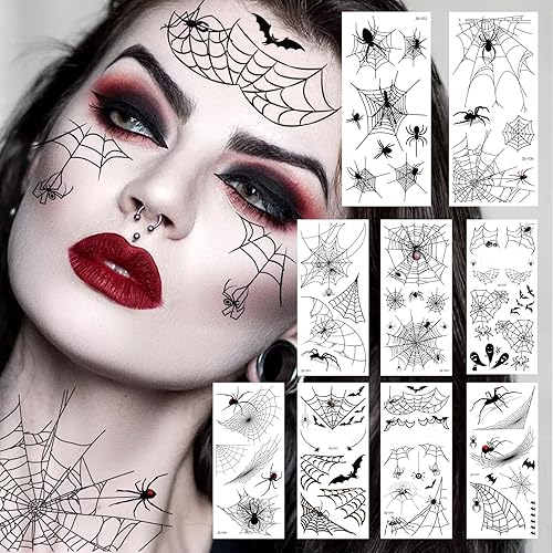 9 hojas de tatuajes temporales de telaraña 3D para Halloween, kit de maquillaje para mujeres y adultos, diseño realista de bruja murciélago zombi,