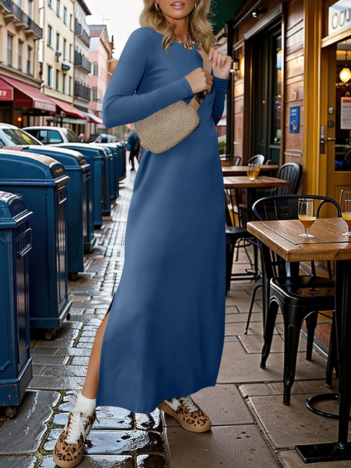 ANRABESS Women Long Sleeve Dresses 2025 Fall Casual Crewneck Loose Fit Split Flowy Wrinkle-Free Travel Vacation Maxi Dress - Image 2