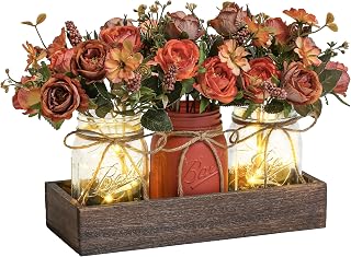 DUOER 3pcs Orange Mason Jar Centerpieces with Wood Tray & LED Lights - Farmhouse Dining Table Decor for Kitchen Living Room