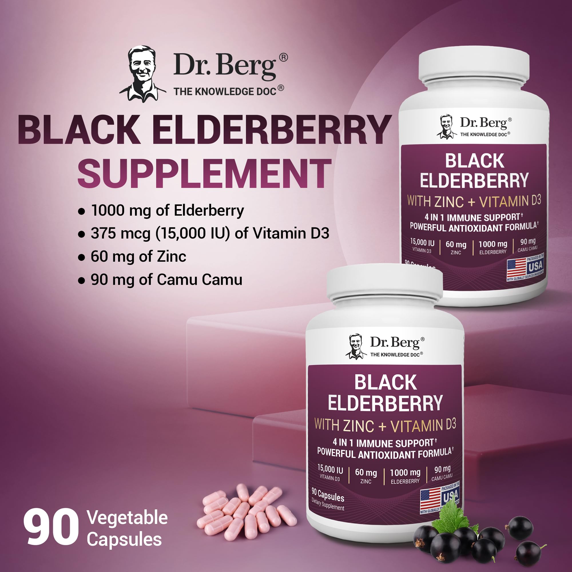 Dr. Berg Black Elderberry Capsules (Advanced Immune Support*) with 15,000 IU Vitamin D, 60 mg of Zinc, & 90 mg of Camu Camu - (4-in-1) Sambucus Elderberry Immune Support Supplement - 90 Capsules — Amazon image 5