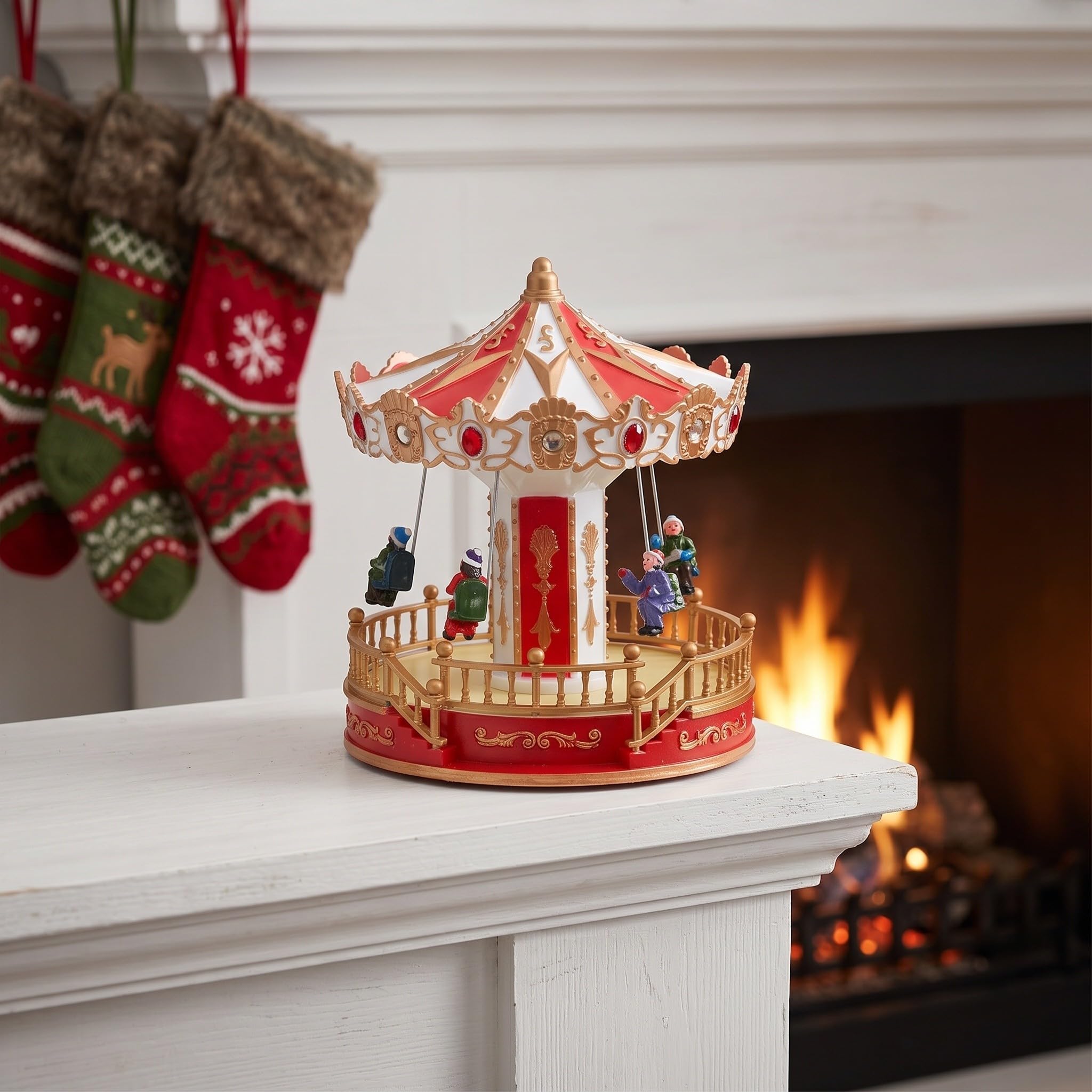 TOYANDONA Giostra natalizia illuminata: giostra rotante in resina - Decorazione da tavolo con Babbo Natale a LED e musica - Statuetta musicale a forma di altalena per le feste, ideale per decorare