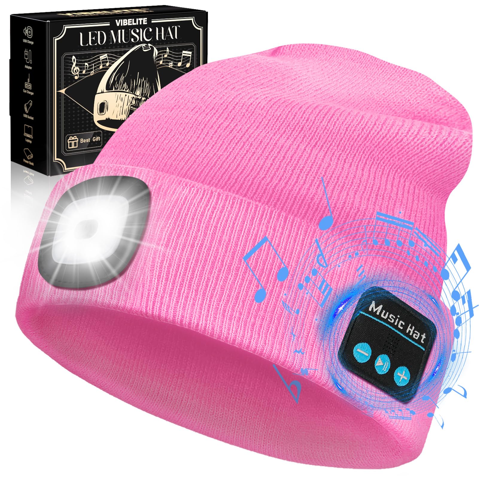 VIBELITE Bluetooth Beanie Hat with Light, USB Rechargeable LED Headlamp with Wireless Headphones, Valentines Day Gifts for Him, Men, Teen Boys,