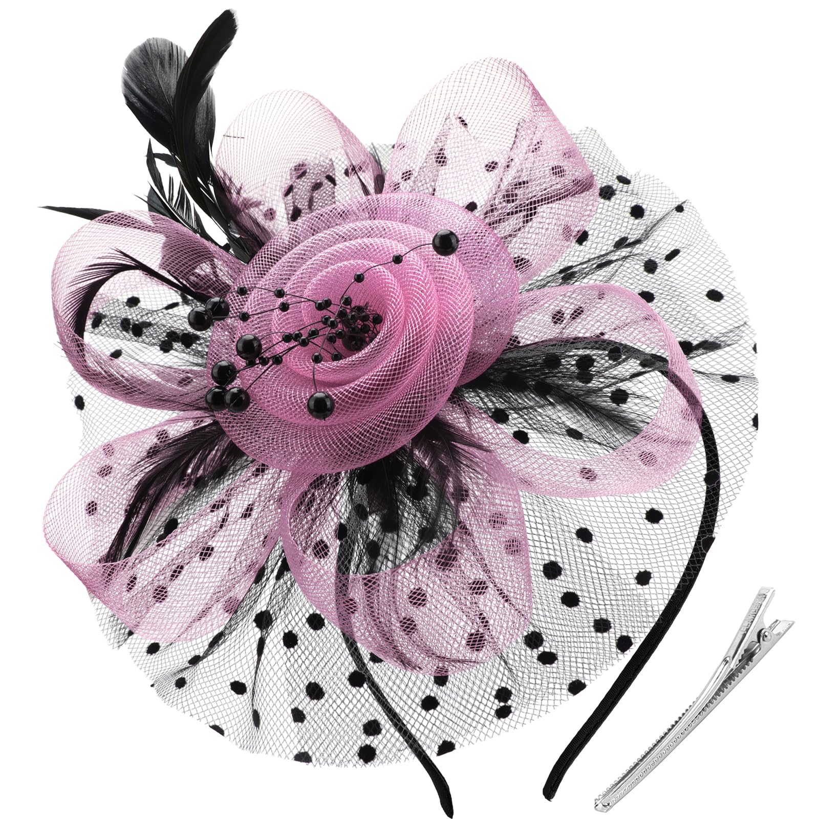 DRESHOW Fascinators Hat Flower Mesh Ribbons Feathers on a Headband and a Clip Tea Party Headwear for Girls and Women