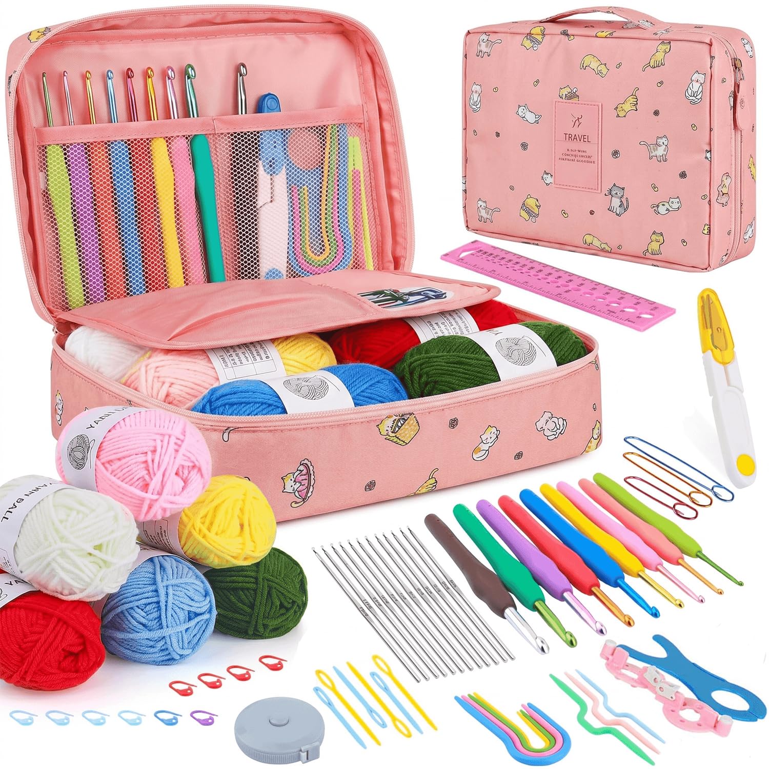 NAWOKEENY Crochet Kit for Beginners Adults, Knitting Starter Kit, Crochet Starter Kit with Case, Crochet Hook Set with Crochet Yarn and Crochet Accessories, Beginner Crochet Yarn Kit (Pink Cat)-image-28