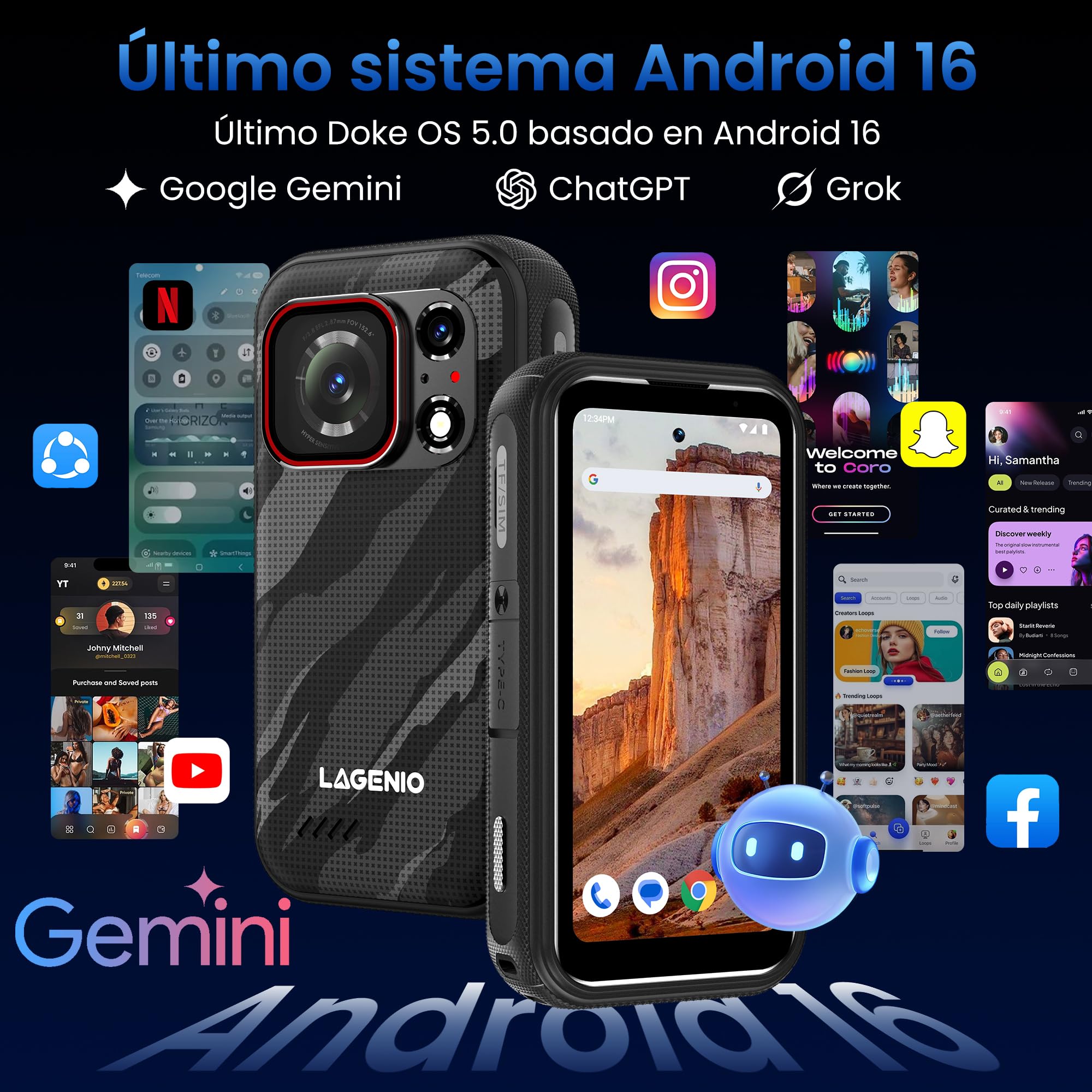 Eagle Pro Mini 5G Móvil Irrompible con Cámara de Acción 4K, Android 16, 32GB+256GB/1TB, Gran Angular 152,6°, Batería 4,5 h, Estabilización, Pantalla 4,0", Dual SIM 5G, NFC, Verde