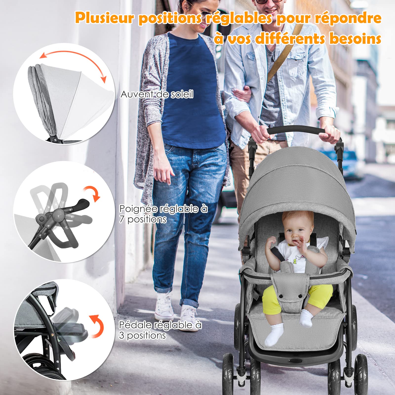 DREAMADE Poussette Double Pliable à 4 Roues avec Freins, Landau pour Bébé avec Ceinture de Sécurité à Cinq Points, Capotes et Pédales Réglables, Charge totale 30kg, Gris