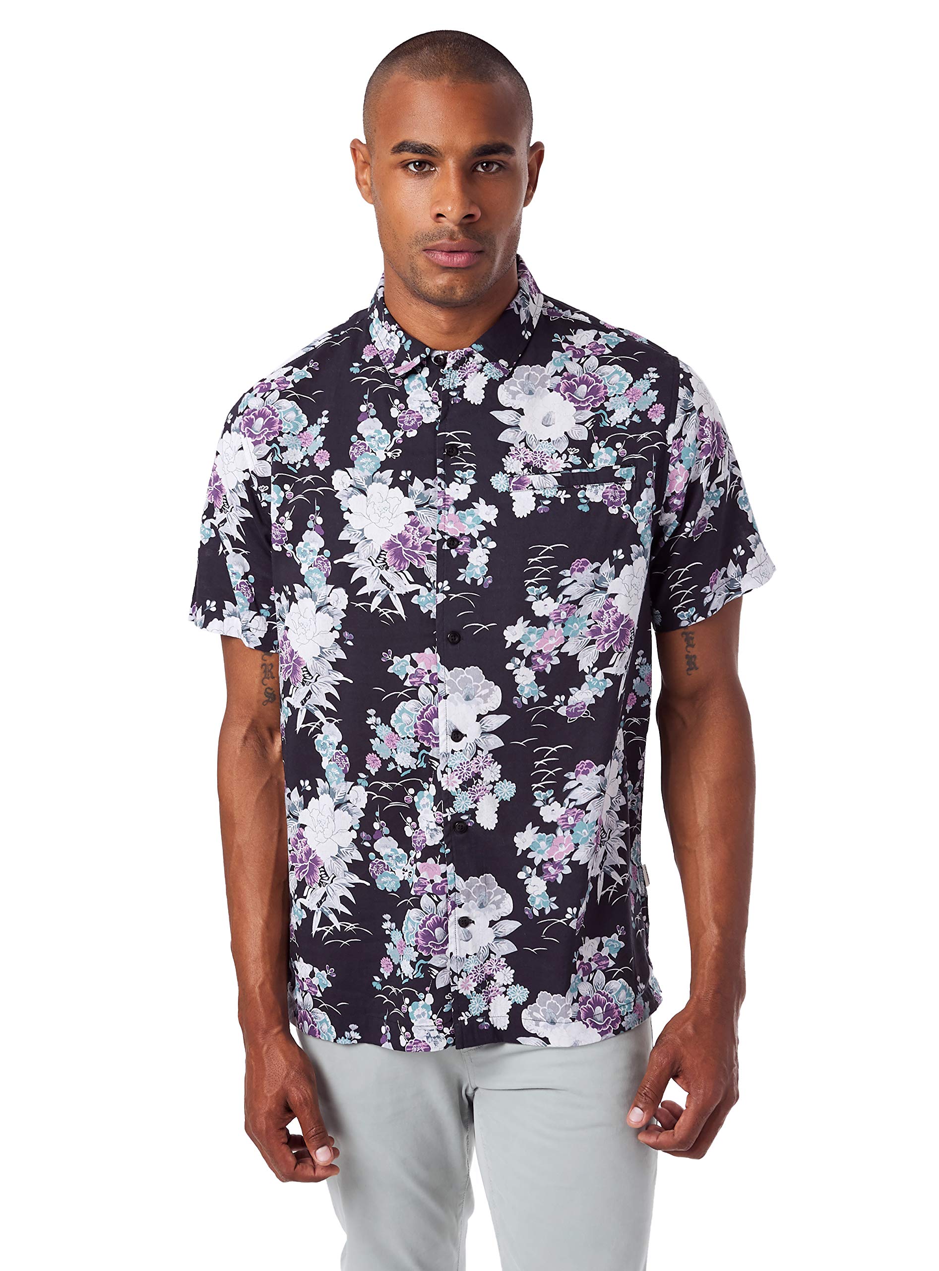 7 Diamonds Men's Tuff Gong Cotton Floral Print Slim Fit Short Sleeve Shirt