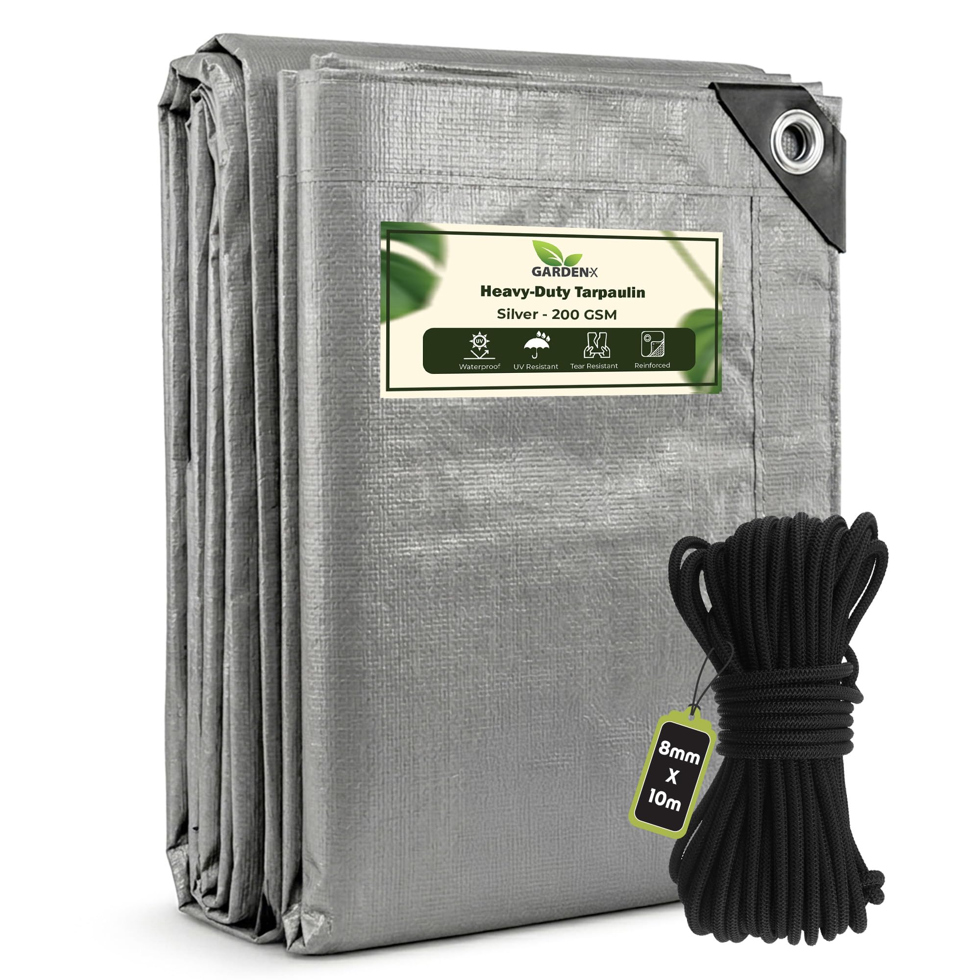 GARDENIX 4m x 6m Grey Heavy Duty 200gsm Tarpaulin Waterproof Tarp Sheet Cover, Groundsheet, Multipurpose, Reinforced + 10 Metres of 8mm Bungee Rope