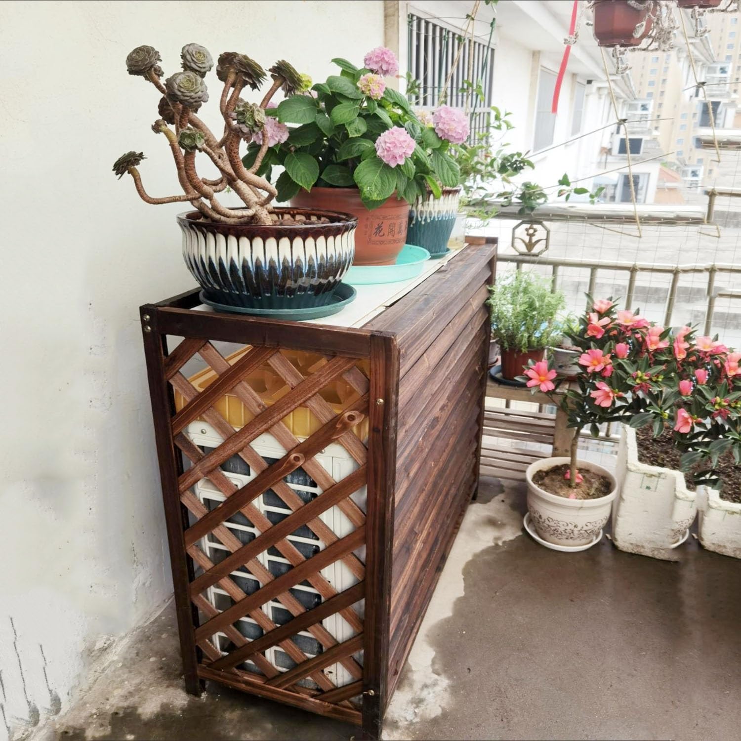 Draußen Abdeckung für Klimaanlage aus Massivholz, Holz Blumenständer, Klimaanlagenzaun, Schutzgitter, Verstecken Von AC-Geräten (Größe: 96x40x89cm), Wasserfest, Braun