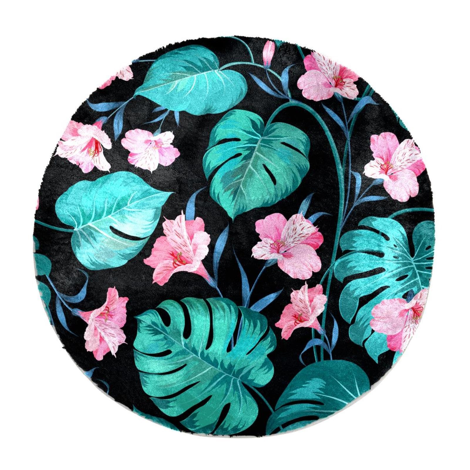 Tapis rond à poils longs motif palmier floral floral pour salon et chambre 60 cm