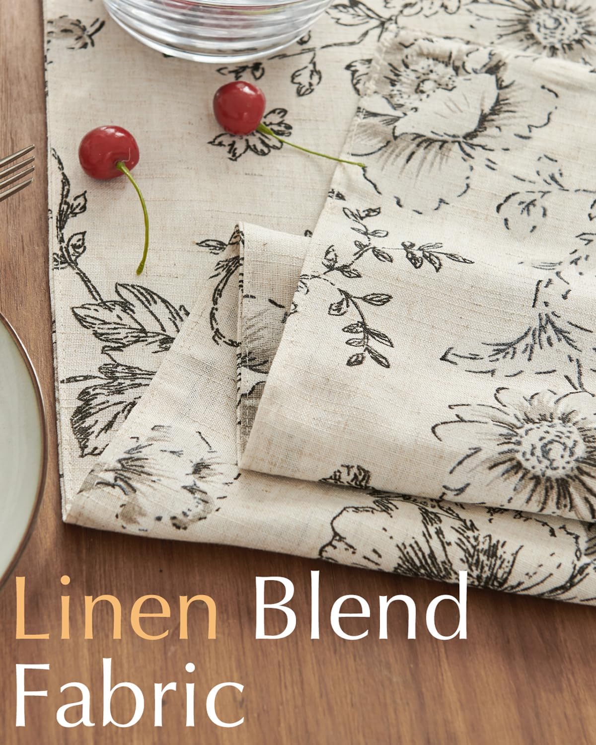 JINCHAN Linen Floral Placemats 13 x 19 Inch Set of 4 and Linen Table Runner 13 x 72 Inch Rustic Cottagecore Decorative Botanic Printed Indoor Dining Table Decor Black on Beige