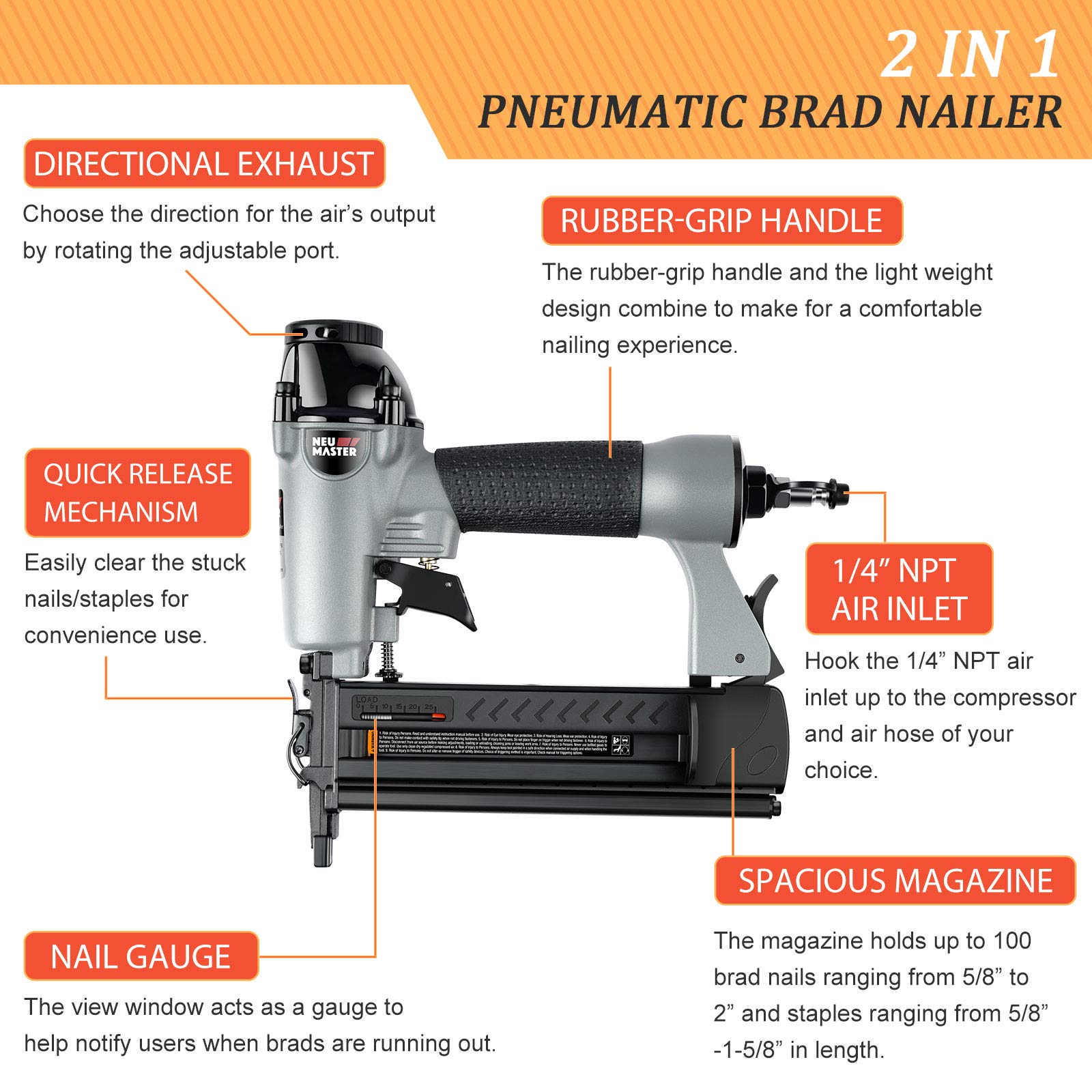 Pneumatic Brad Nailer, NEU MASTER 2 in 1 Nail Gun Staple Gun Fires 18