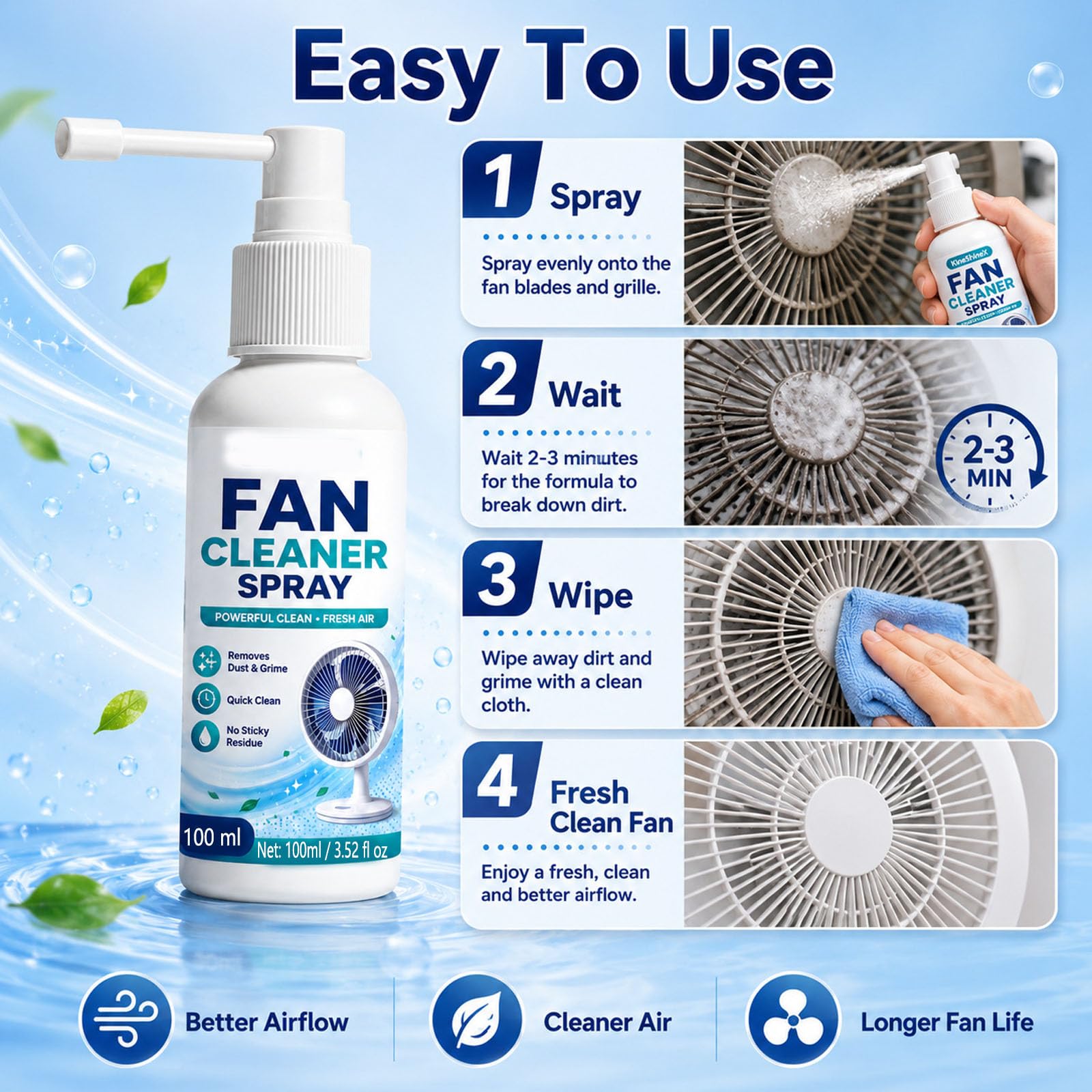 Spray limpiador de ventiladores multiusos (100ml-3pcs+30ml-2pcs) | Limpiador de aspas de ventilador sin enjuague, solución de limpieza sin necesidad de desmontaje con ventiladores de pie
