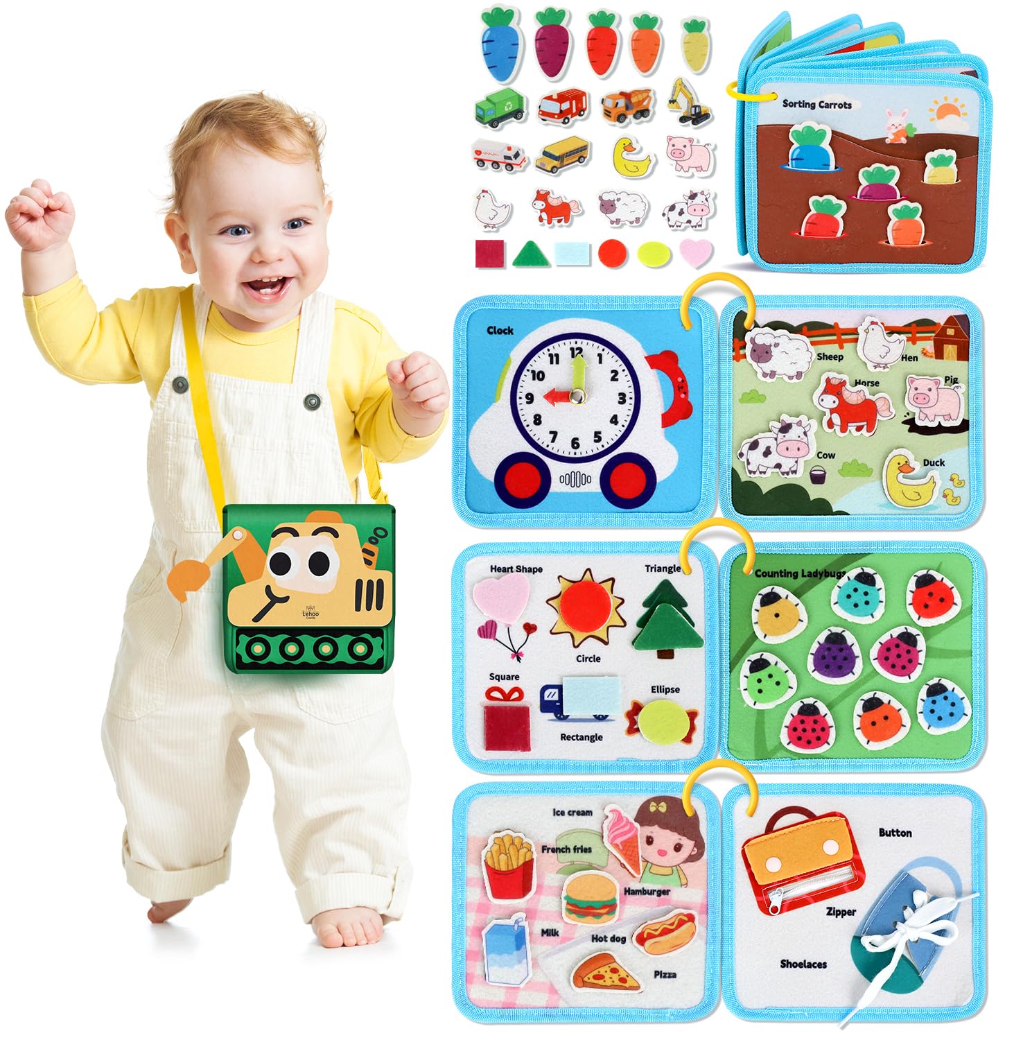 Lehoo Castle 12 en 1 Busy Board Juguetes Niños 2 3 4 años, Juguetes Montessori Libro Busy Book, Tablero Sensorial de Actividades Juego de Educación Temprana, Regalos Niños Niña (Tema Excavadoras)