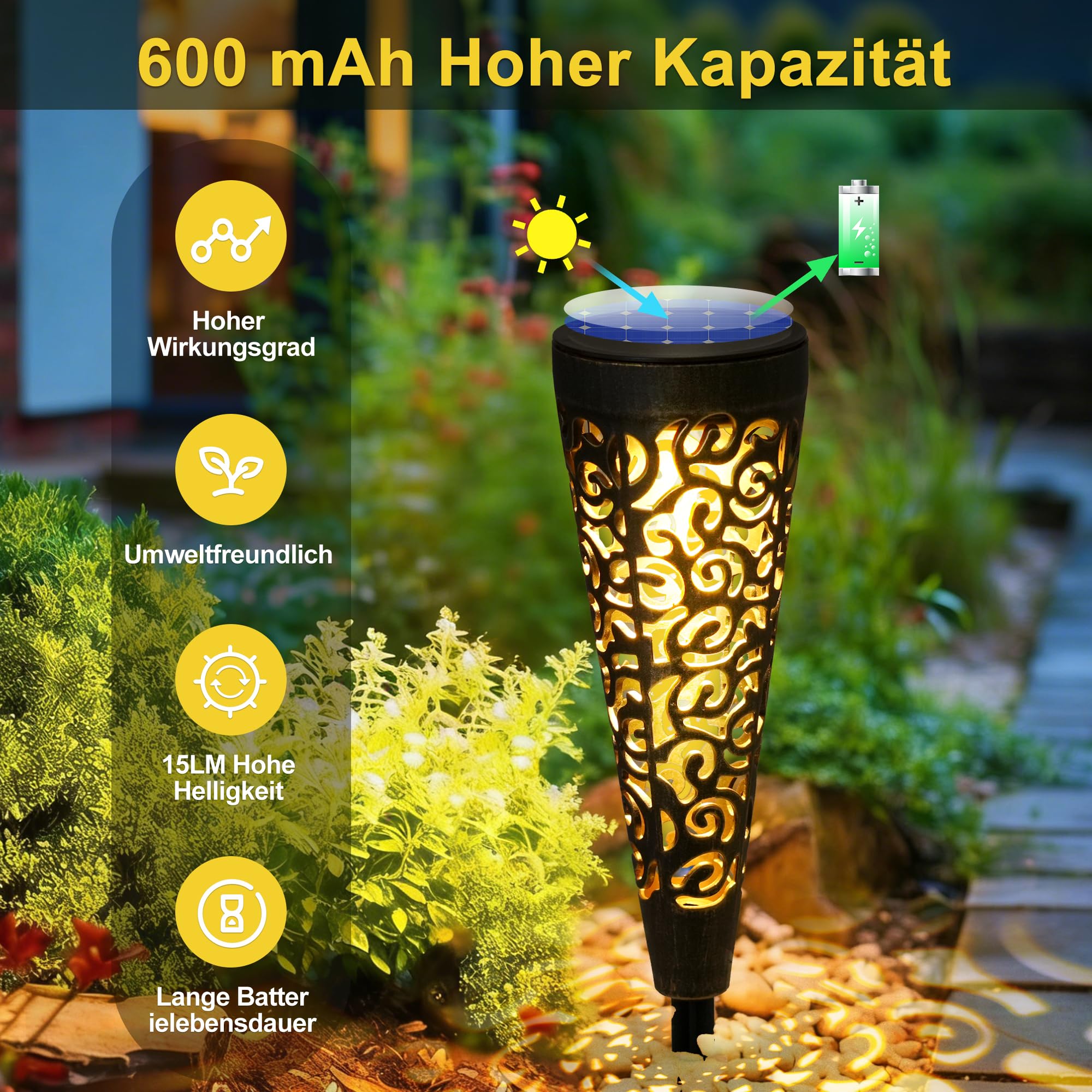 Bonsery Solarlampen für Außen Gartenstecker 6 Stück，IP65 Wetterfest Solarleuchten für Außen Vintage, 15LM Warmweiß LED Gartenbeleuchtung Solar Wegeleuchten Outdoor Gartendeko für Draußen Weg Terrasse