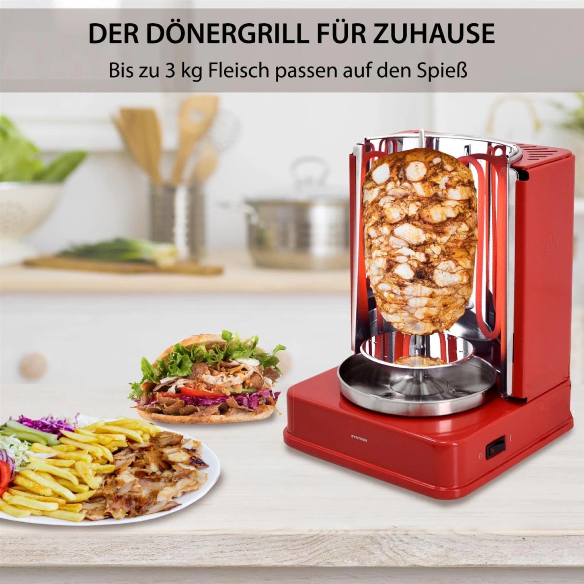 Syntrox Dönergrill Quandira 1400W - Rotisserie Grill für Döner, Hähnchen, Fisch & Gemüse - Gyrosgrill mit 6 Drehspießen - Elektrischer Drehgrill für Zuhause - Komplettset mit Zubehör