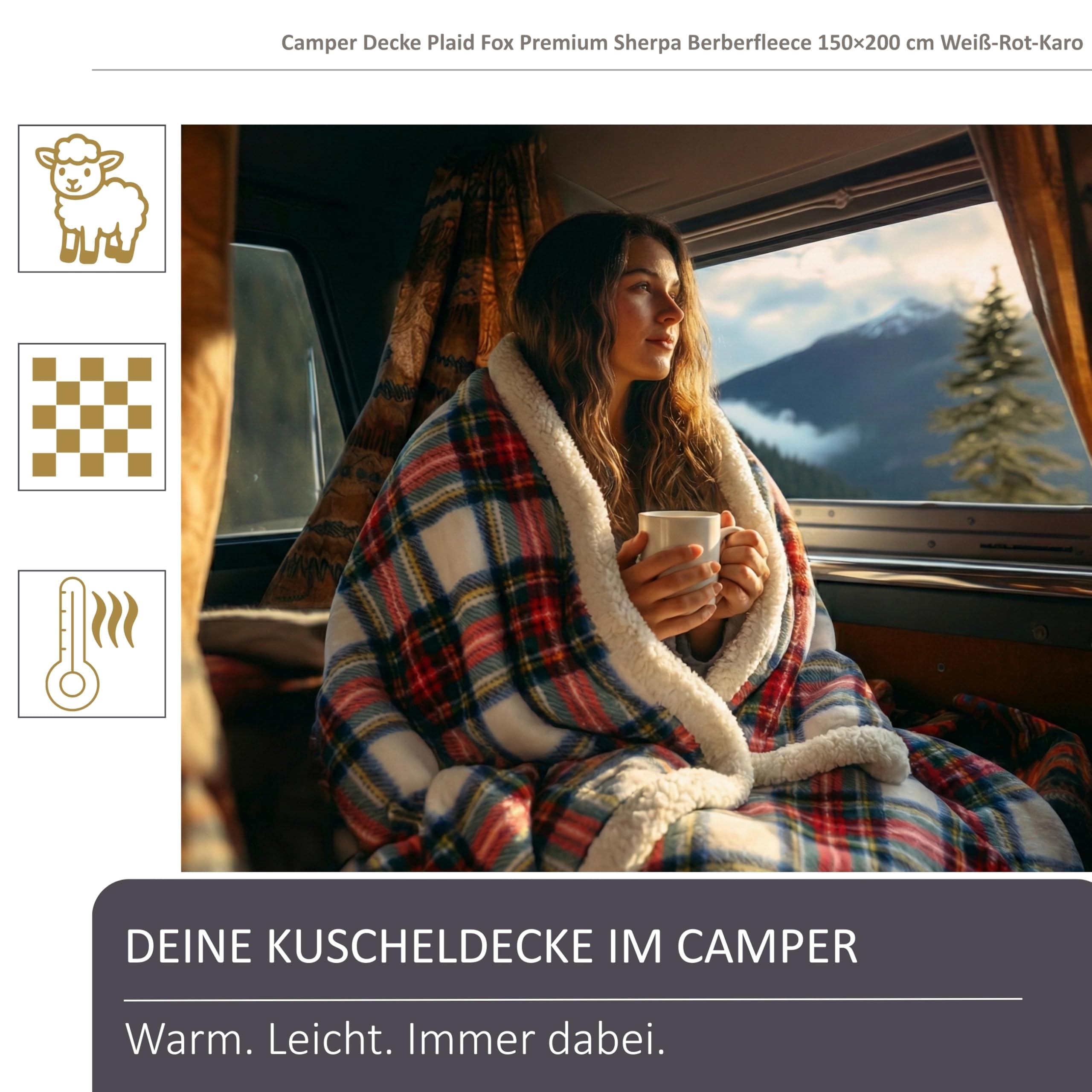 Camper Decke Plaid Fox Premium Sherpa Berberfleece 150×200 cm Weiß-Rot-Karo