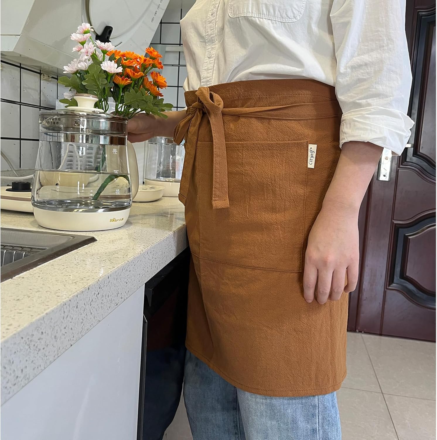 Cityelf Linen Server Apron Cotton Bistro Half Apron with Large Pockets Waist Kitchen Apron for Cooking Waitress - Image 5