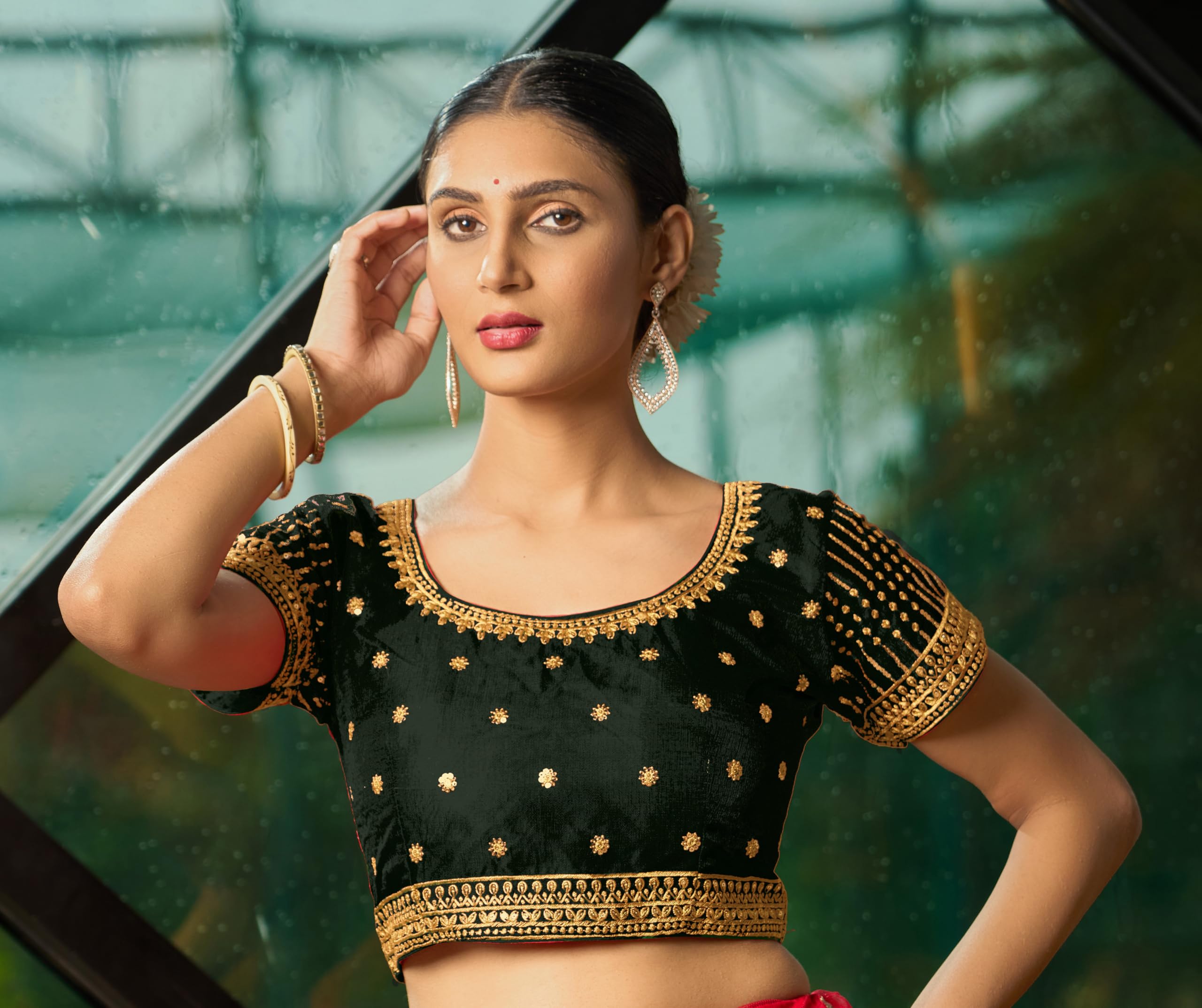 Pujia Mills Women's Dark Green Readymade Blouse Embroidery Multi Coding Gold Thread Indian Ethnic Designer Blouse Stitched Women's Readymade Short Sleeve Saree Blouse For Women For Saree Lehenga Choli