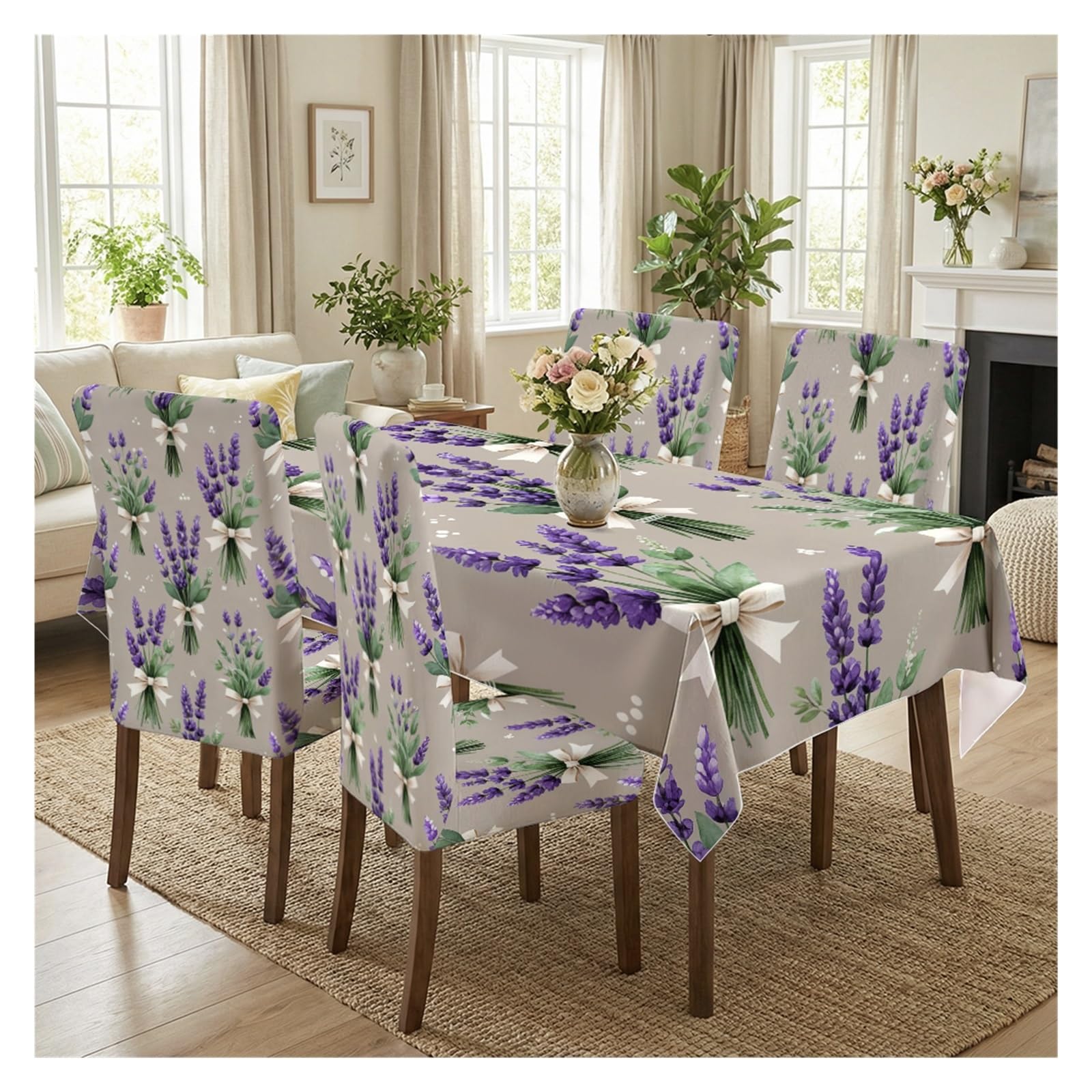 BOSUYBN Lavender Bouquet Floral Dining Tablecloth & Chair Covers Set, 5/7 Piece Romantic Cottagecore Farmhouse Dining Room Decor Table Setting(5pcs Set: Tablecloth+Chair Covers)