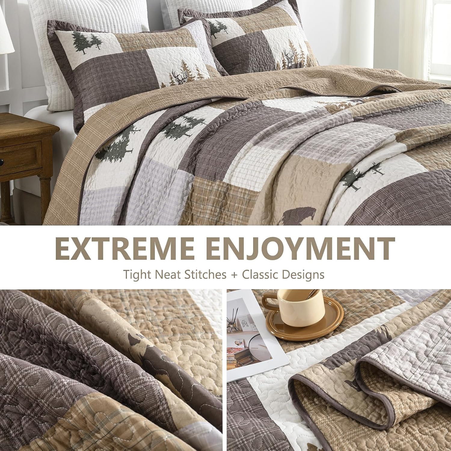 120"x102" Oversized Bedspread - 100% Cotton, Bear Deer Prints Oversized Queen Extra Wide Extra Large Quilt, Farmhouse Cottage Plaid XL Bed Spread Lightweight Comforter, 3pcs, Khaki/Gray