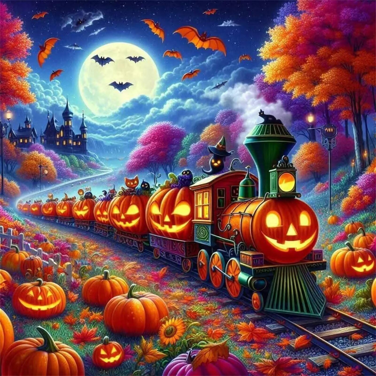 Puzzle 1000 elementów dla dorosłych, pociąg dyniowy, klasyczne puzzle 65 x 65 cm, gra zręcznościowa dla całej rodziny, kolorowe układanie puzzli, dekoracja domu
