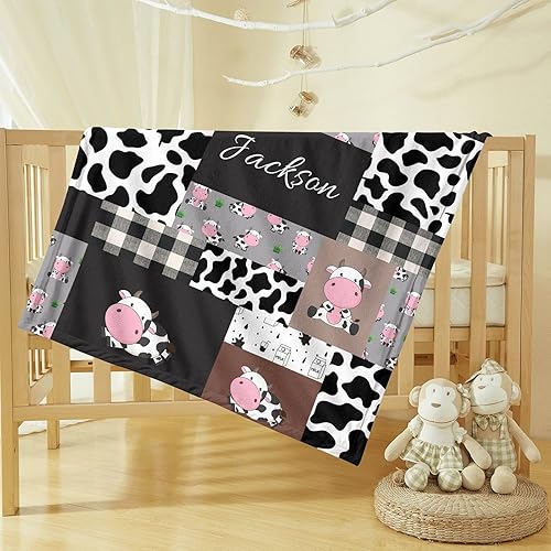Miniatura 3 de Mantas de bebé personalizadas de vaca Minky con nombre, diseño de vaca lindo personalizado para niños y niñas, mantas de felpa suave con diseño a