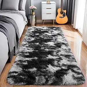 KING DARE Black and White Runner Rug 2x6, Bedroom Shag Runner Rug Bedside Non-Slip Soft Fluffy Carpet for Dorm Hallways Entryway Kids Room, Modern Home Decor Aesthetic