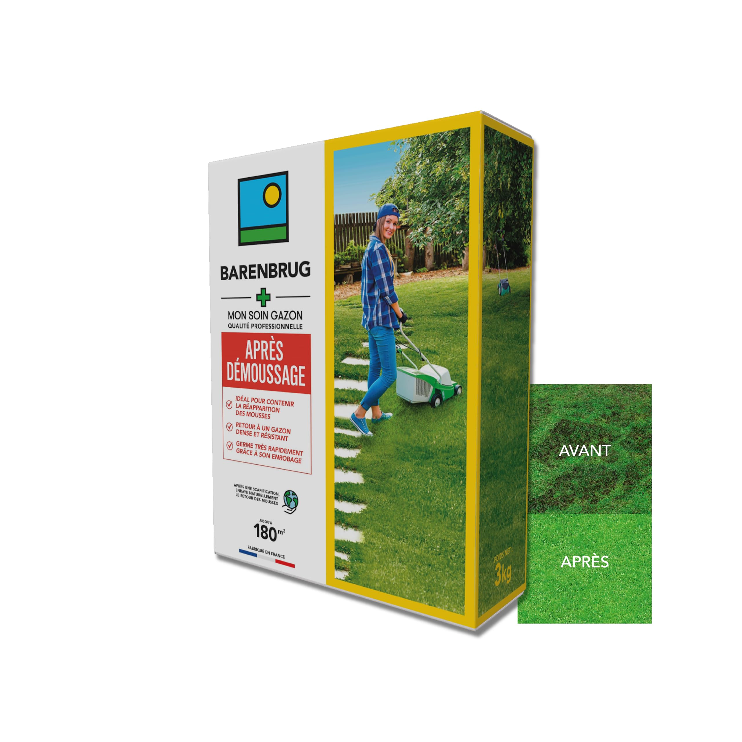 BARENBRUG - Soin Après Démoussage - Réparation Anti-Mousse - 3KG | Gazon Dense et Résistant - Germe Très Rapidement - Semences avec Enrobage - Fabriqué en France