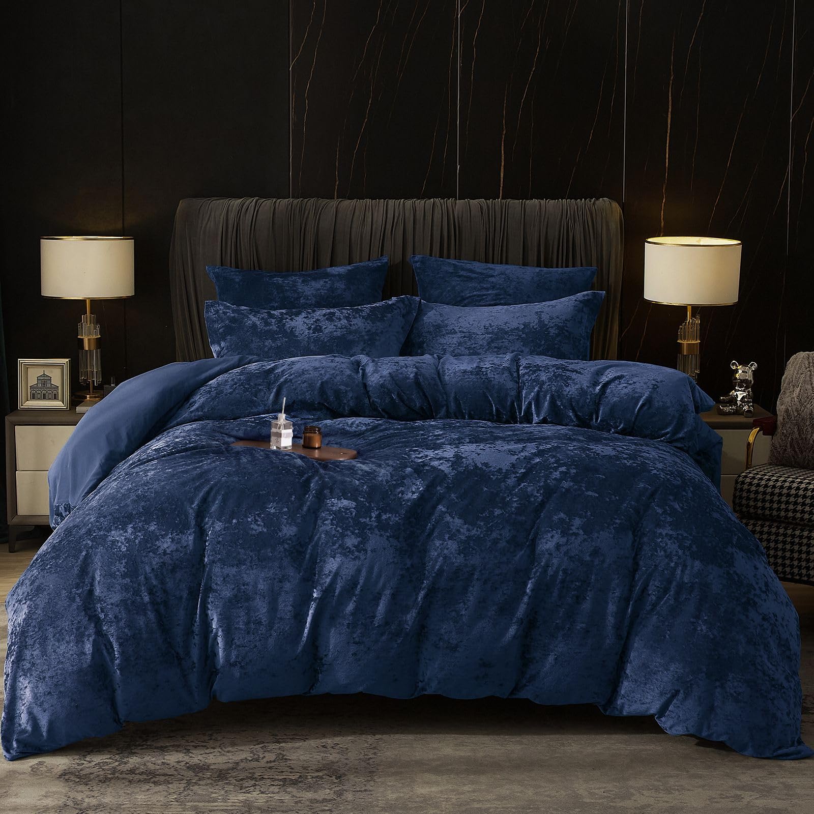 PHF Luxury Crushed Velvet Duvet Cover Set, Double Size 200x200cm, Navy