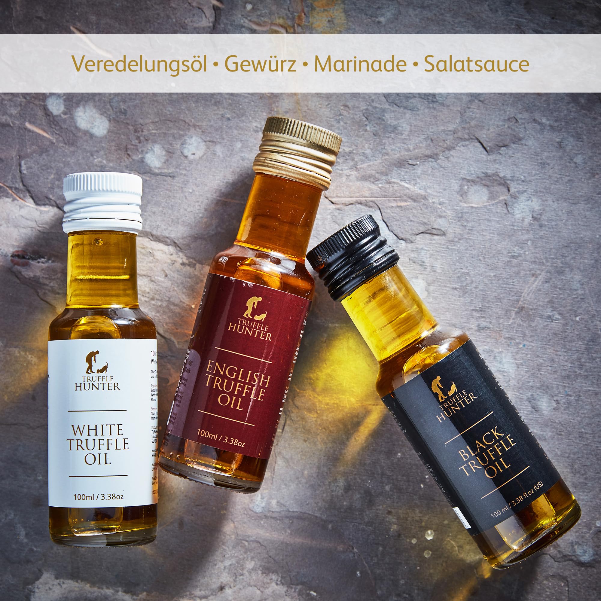 TruffleHunter – Trüffelöl-Set mit englischen, schwarzen und weißen Trüffeln – Natives Olivenöl extra & Kaltgepresstes Rapsöl – 100 ml x 3