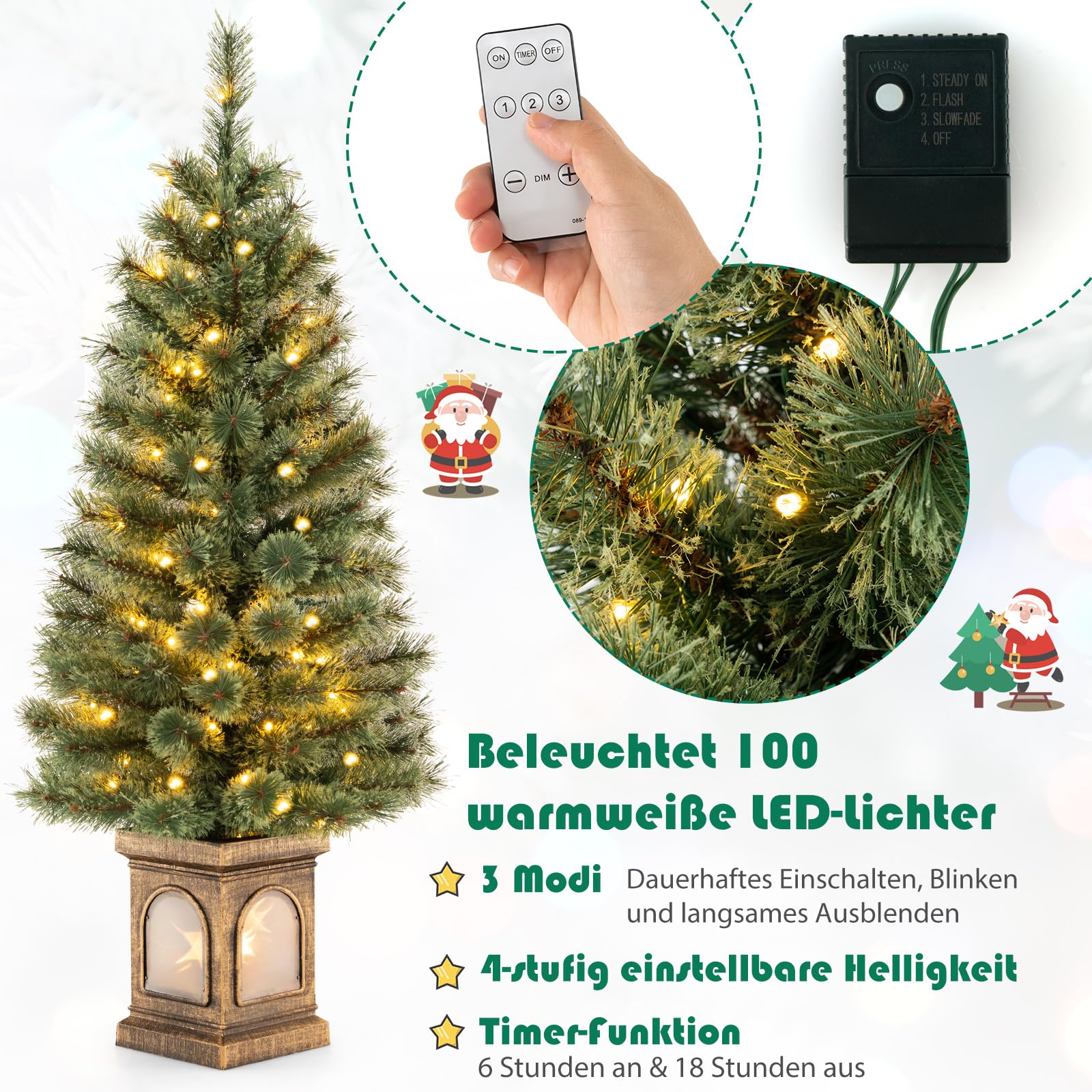 COSTWAY 120 cm künstlicher Weihnachtsbaum mit Beleuchtung, Tannenbaum im Topf, mit warmweißen LED-Lichtern & Timer & 116 PVC Zweigspitzen, Topfbaum für Eingang Haus Büro, Grün