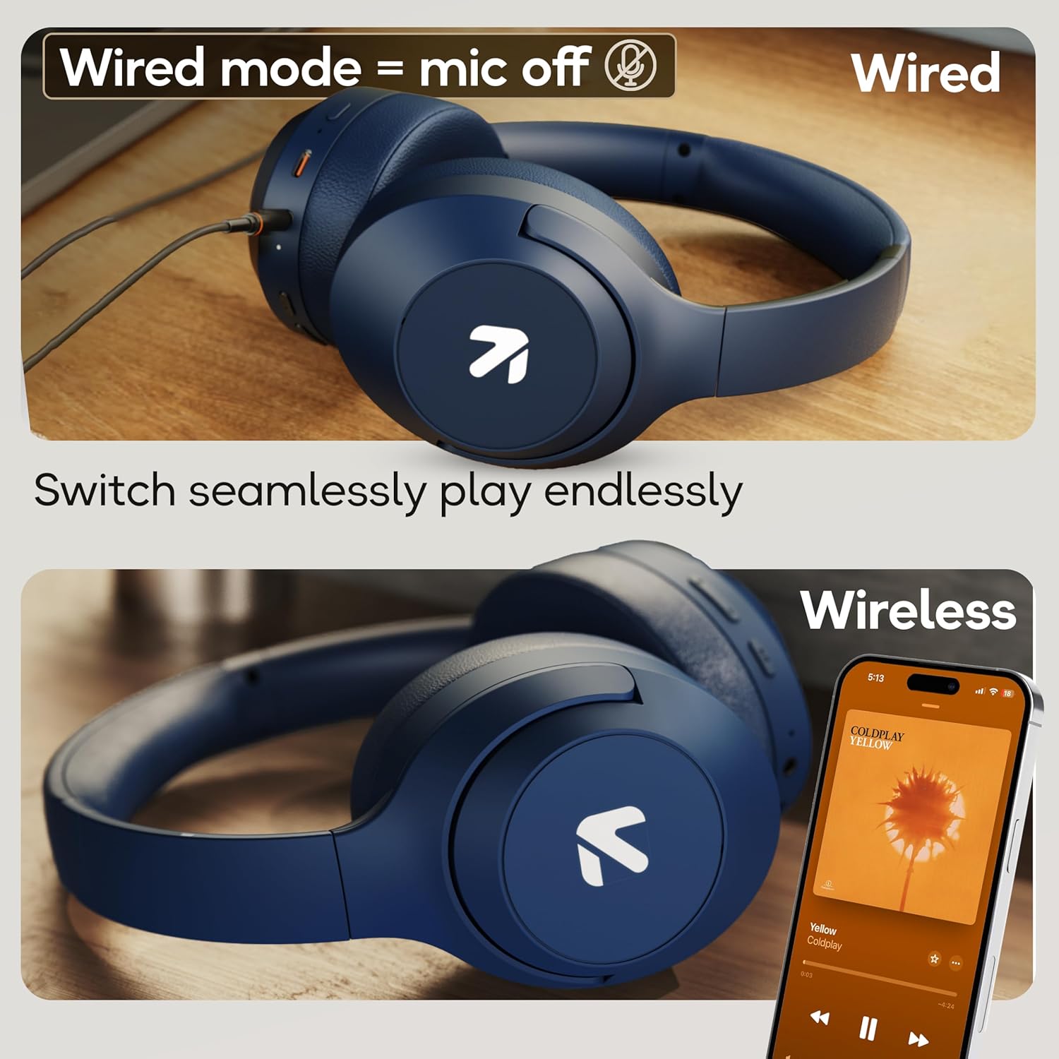GOBOULT Flex headphones showing both wired mode (mic off) and wireless mode options.