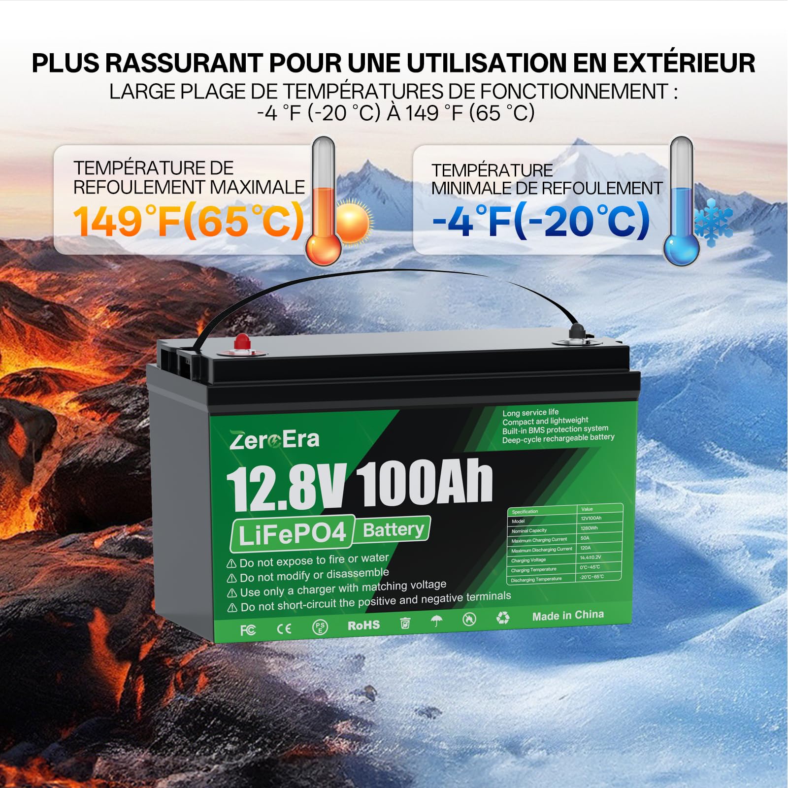 Batterie Lithium LiFePO4 12V 100Ah 1280Wh,BMS 100A Intégré, Protection Basse Température,Cycle Profond Longue Durée de Vie,Prend en Charge Montage Série et Parallèle,pour Panneau Solaire,1 * 12V 100AH