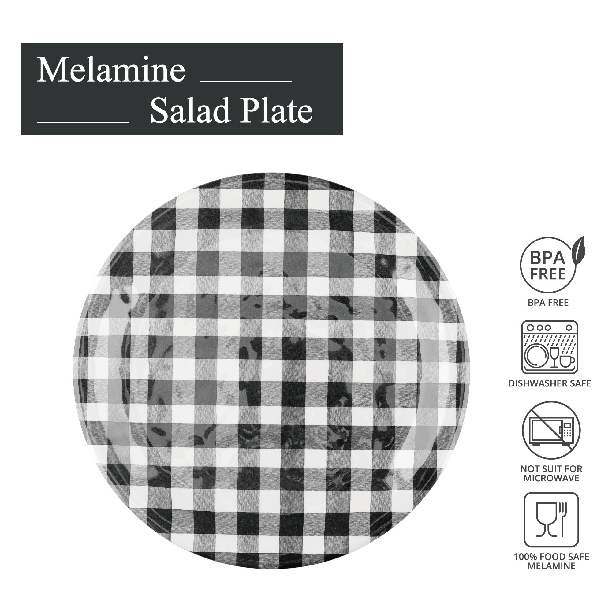 UPware Gingham Melamine Salad Plate Set, Round Plates for Risotto, Pasta, and Salad, BPA-Free, Dishwasher Safe, Black, 9 Inch, Set of 6