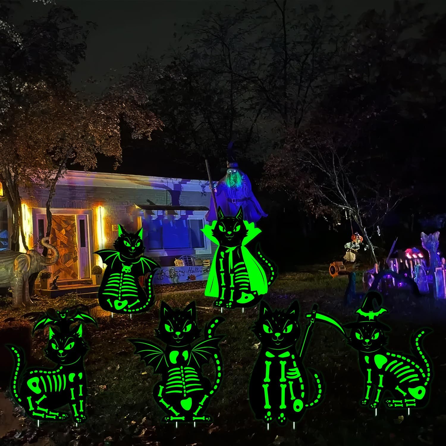 6Pcs Glowing Black Cat Halloween Decorations Outdoor, 16.5”×12.6” Spooky Yard Sign with Stakes for Porch, Party and Scary Graveyard Displays, Waterproof and Durable Creepy Halloween Lawn Decor