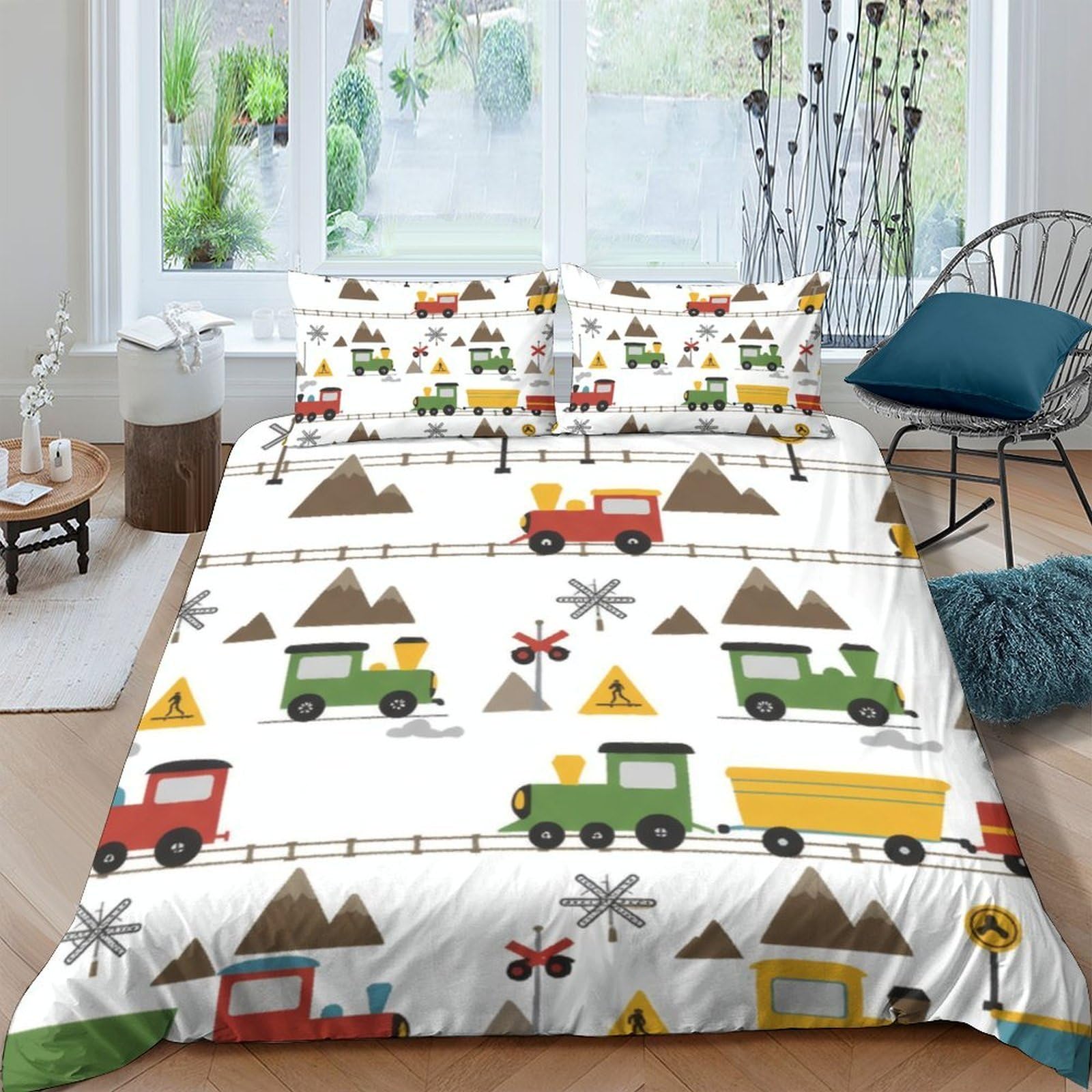 Ctjqhvkz Style-1 3D Printed Colorful Train Fitted Sheet Microfiber Soft Breathable Cartoon Railway Bed Cover For Bedroom Guest Room Decor Single（135X200cm）