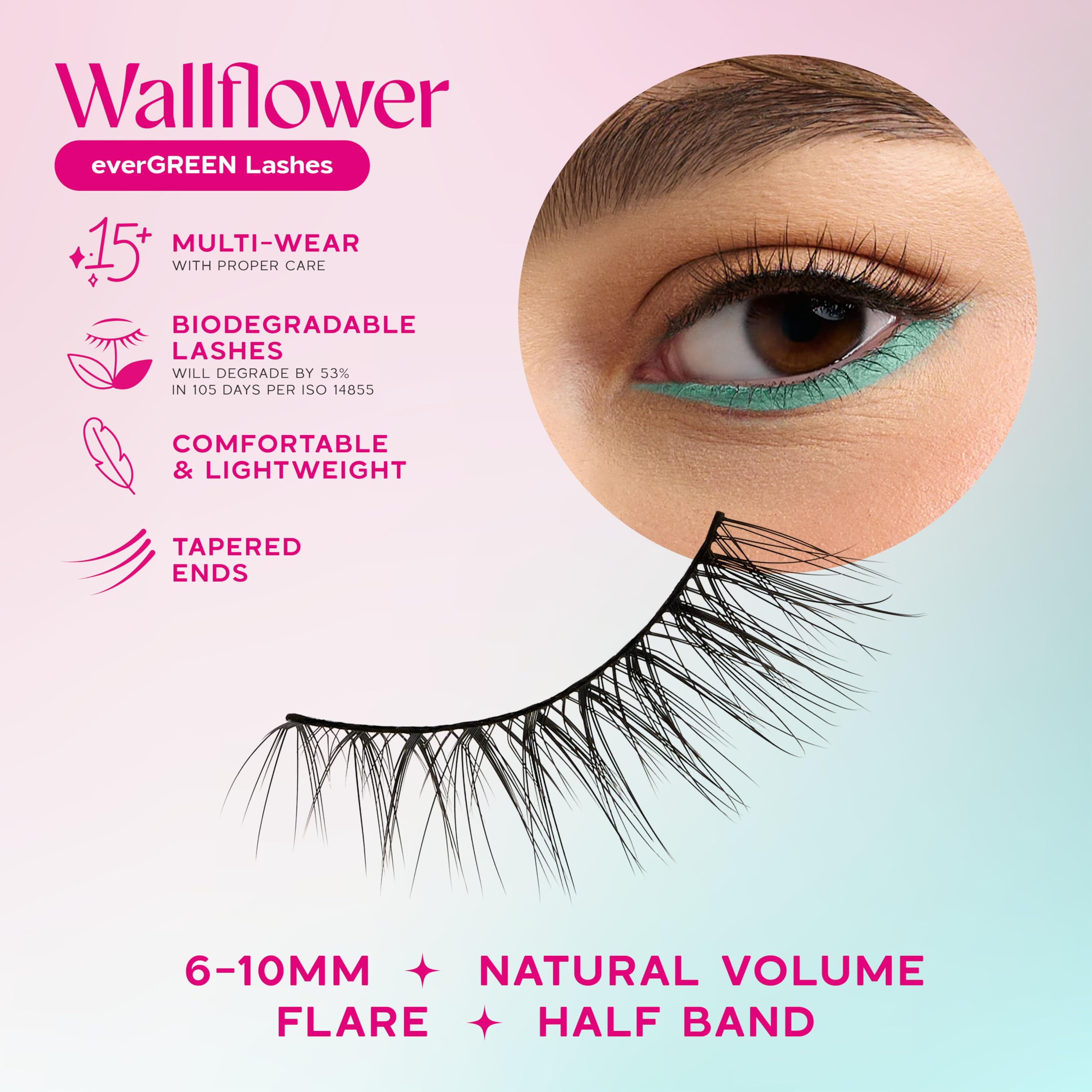 everGREEN Plant Lashes | Half Lashes | Strip Lashes | Natural Wispy Lashes | Fake Eyelashes | Plant-Based Fibres | Flared & Natural Volume (Wallflower) Half Lash