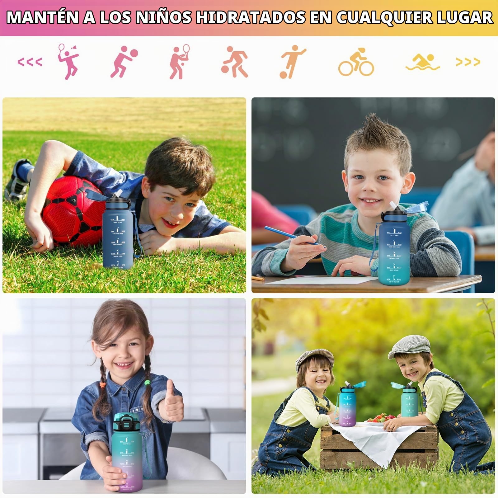 HoneyHolly Botella Agua, 500 ml con Pajita, Botella de Agua, Prueba de Fugas, Botella Agua Niños Colegio, Libre de BPA, Cantimplora para Niños, Deporte, Running, Gimnasio, Bicicleta