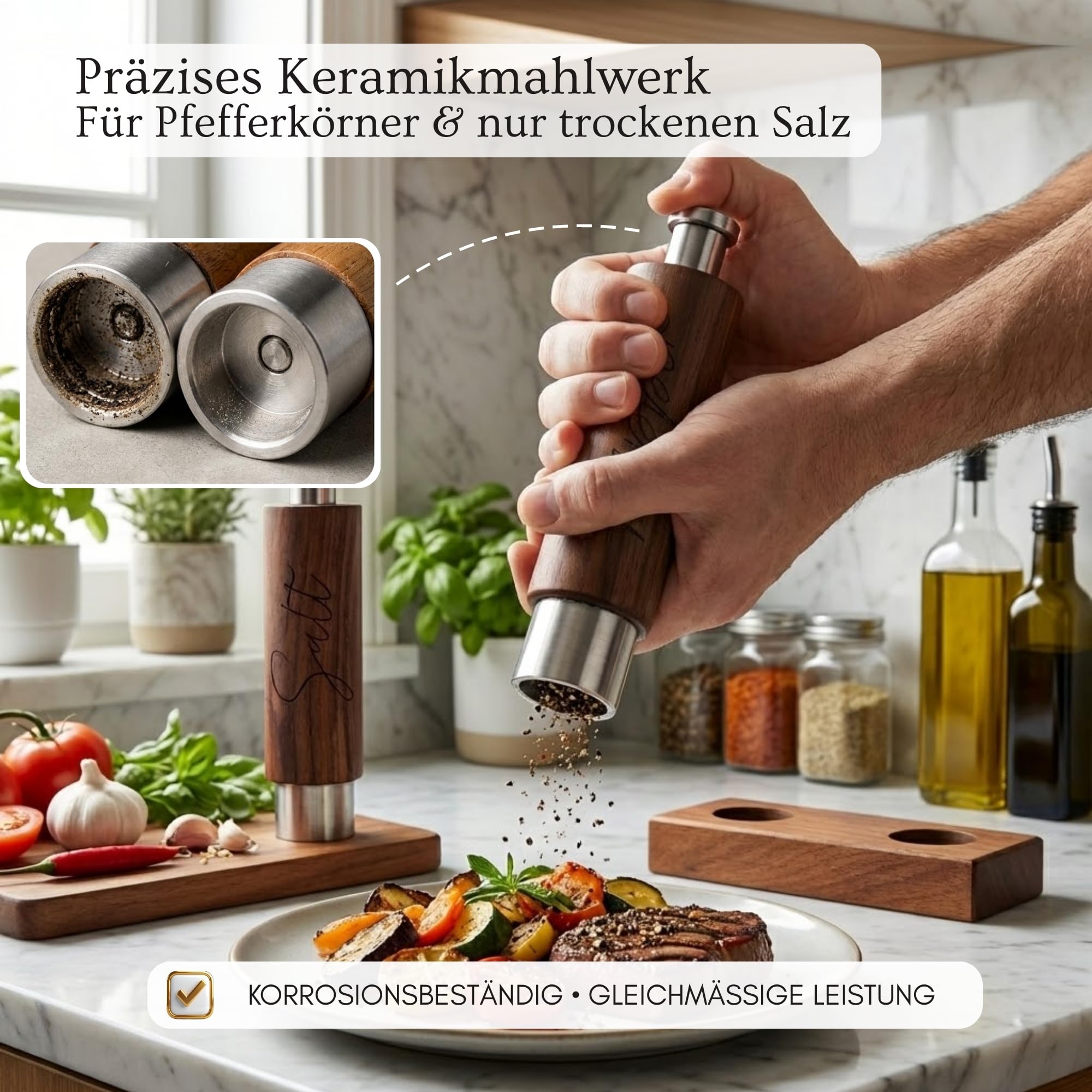 PAVLOVA’S Schweizer Pfeffer- und Salzmühlen Set aus Walnussholz – Einhand-Mühlen mit Keramikmahlwerk – Natürlich geölt – Nachfüllbar – Ablage & Geschenkbox – 10 Jahre Garantie – Limitierte Edition